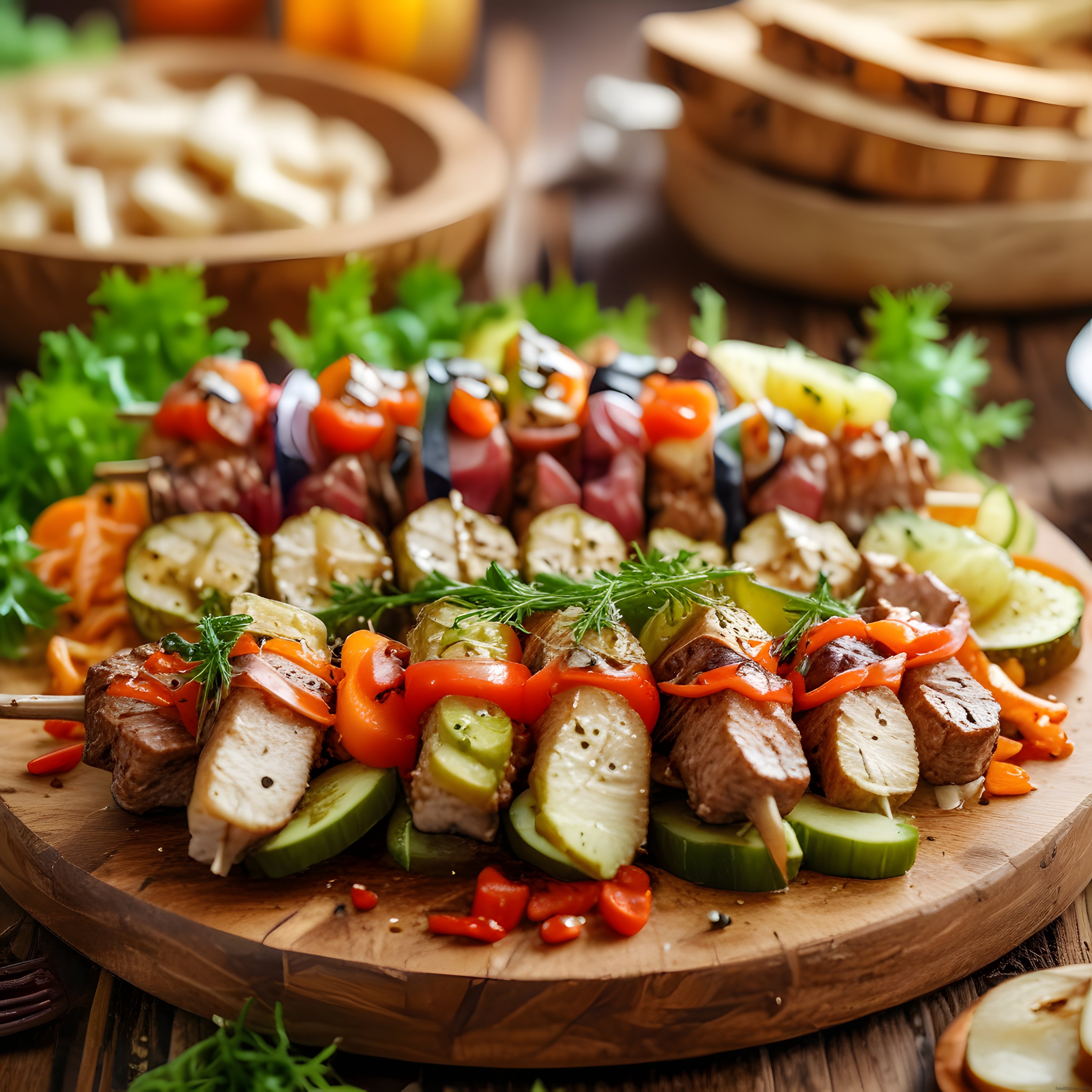 Ahşap Sunum Tahtası Üzerinde Renkli Sebzeli ve Etli Izgara Şiş Kebap