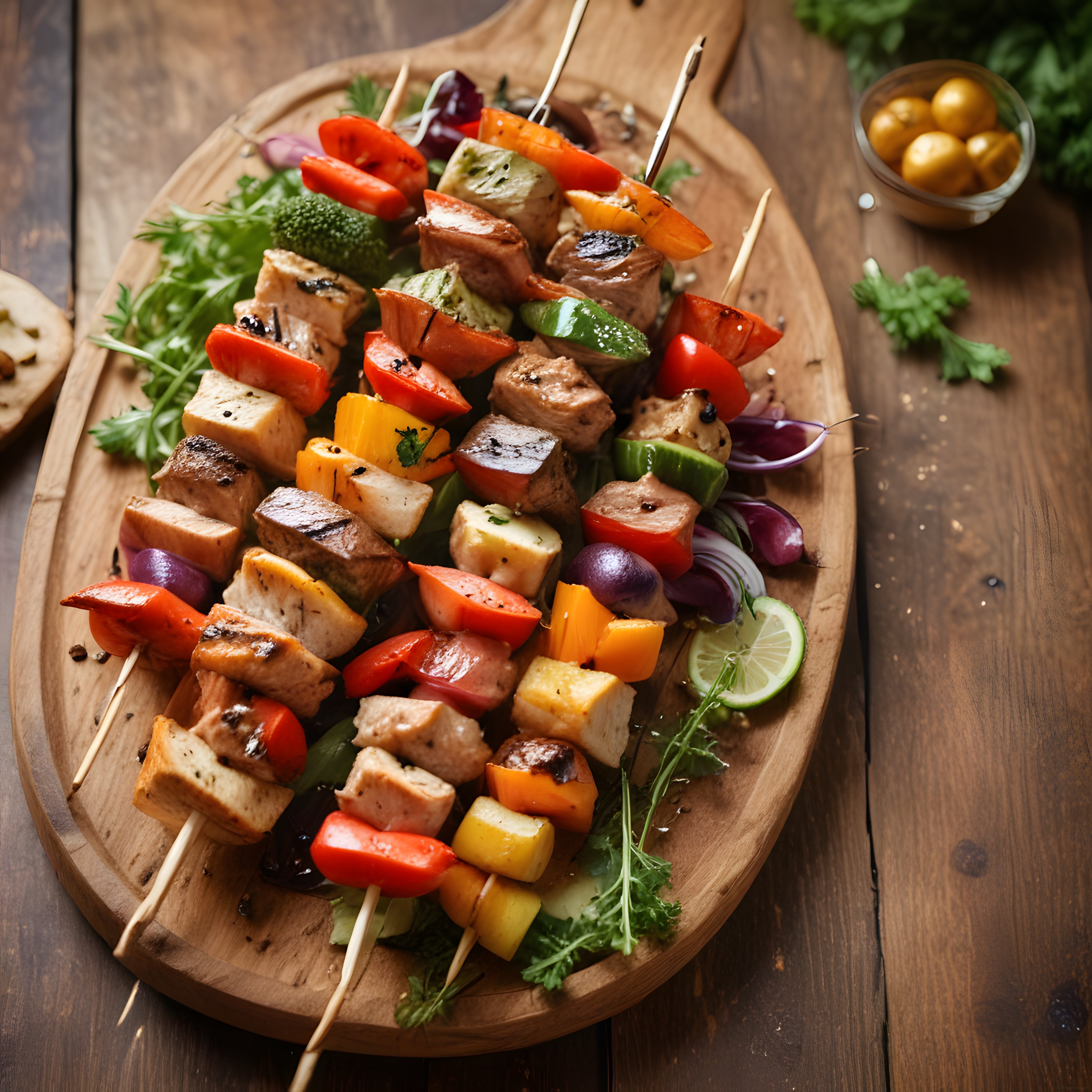 Ahşap Sunum Tahtası Üzerinde Renkli Sebzeli ve Etli Şiş Kebap