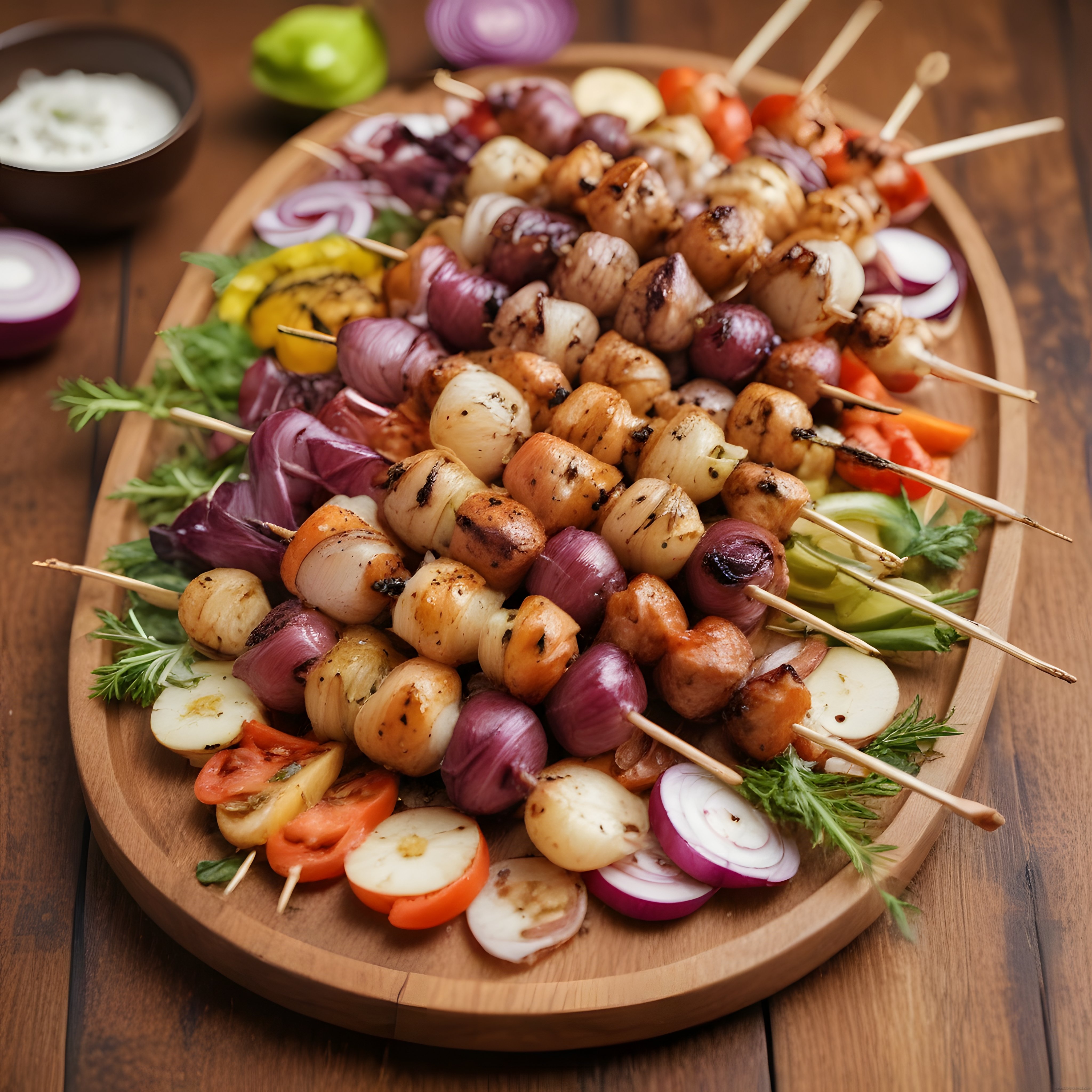 Ahşap Sunum Tahtası Üzerinde Renkli Sebzeli ve Sosisli Izgara Şiş Kebap