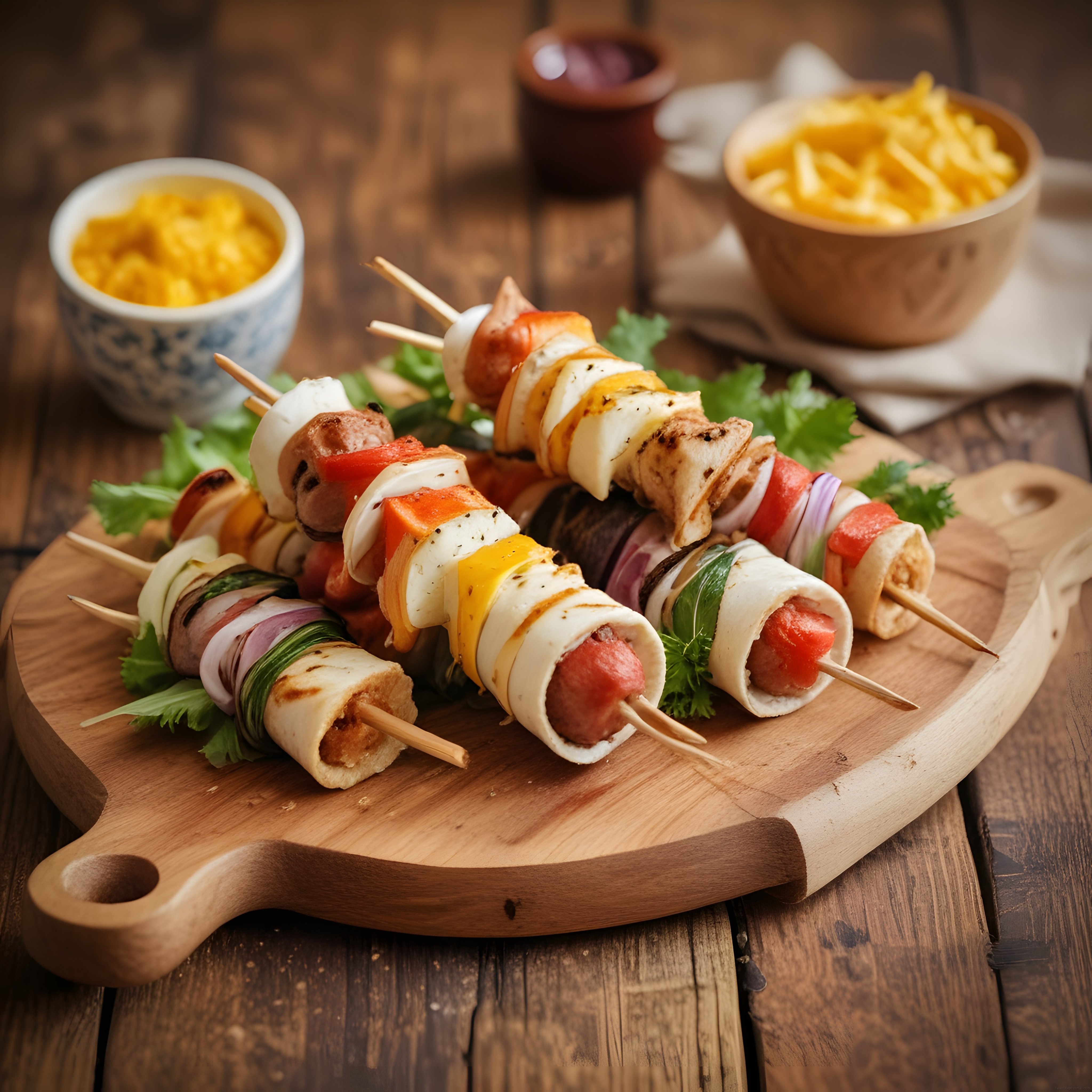 Ahşap Sunum Tahtası Üzerinde Renkli Sebzeli ve Sosisli Şiş Kebap