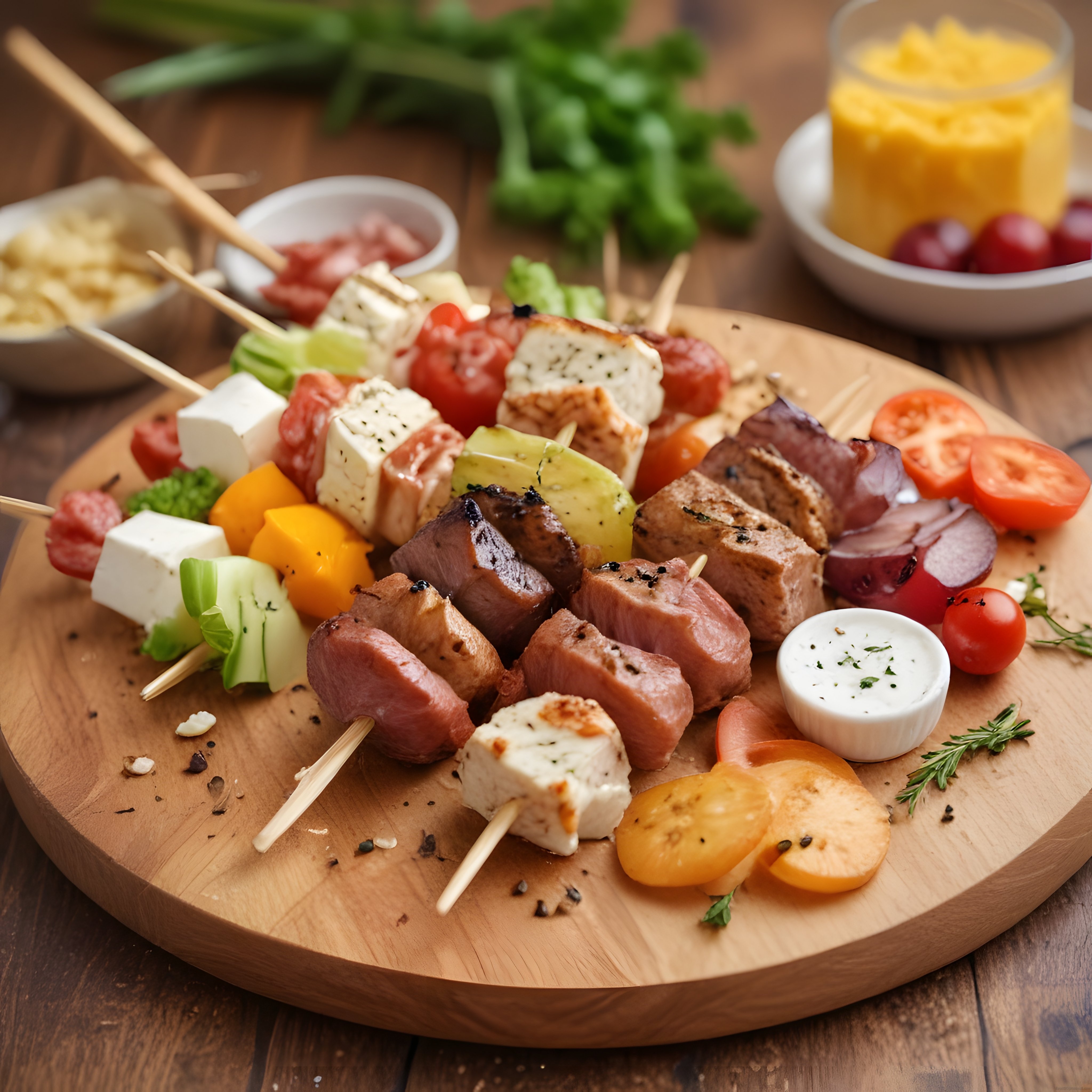Ahşap Sunum Tahtası Üzerinde Renkli Şiş Kebap ve Feta Peynirli Izgara Sunumu