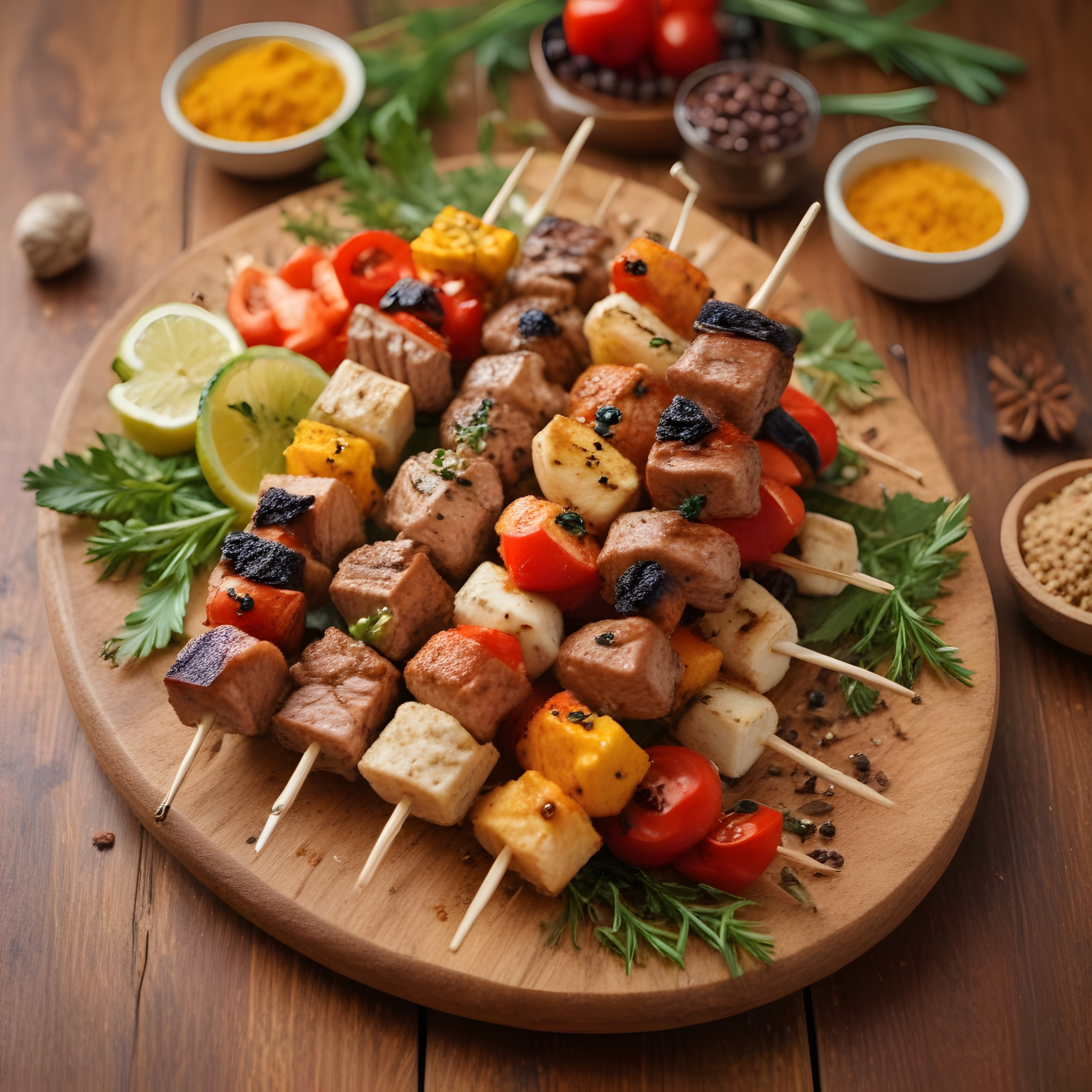 Ahşap Sunum Tahtası Üzerinde Renkli Şiş Kebap ve Izgara Lezzetleri