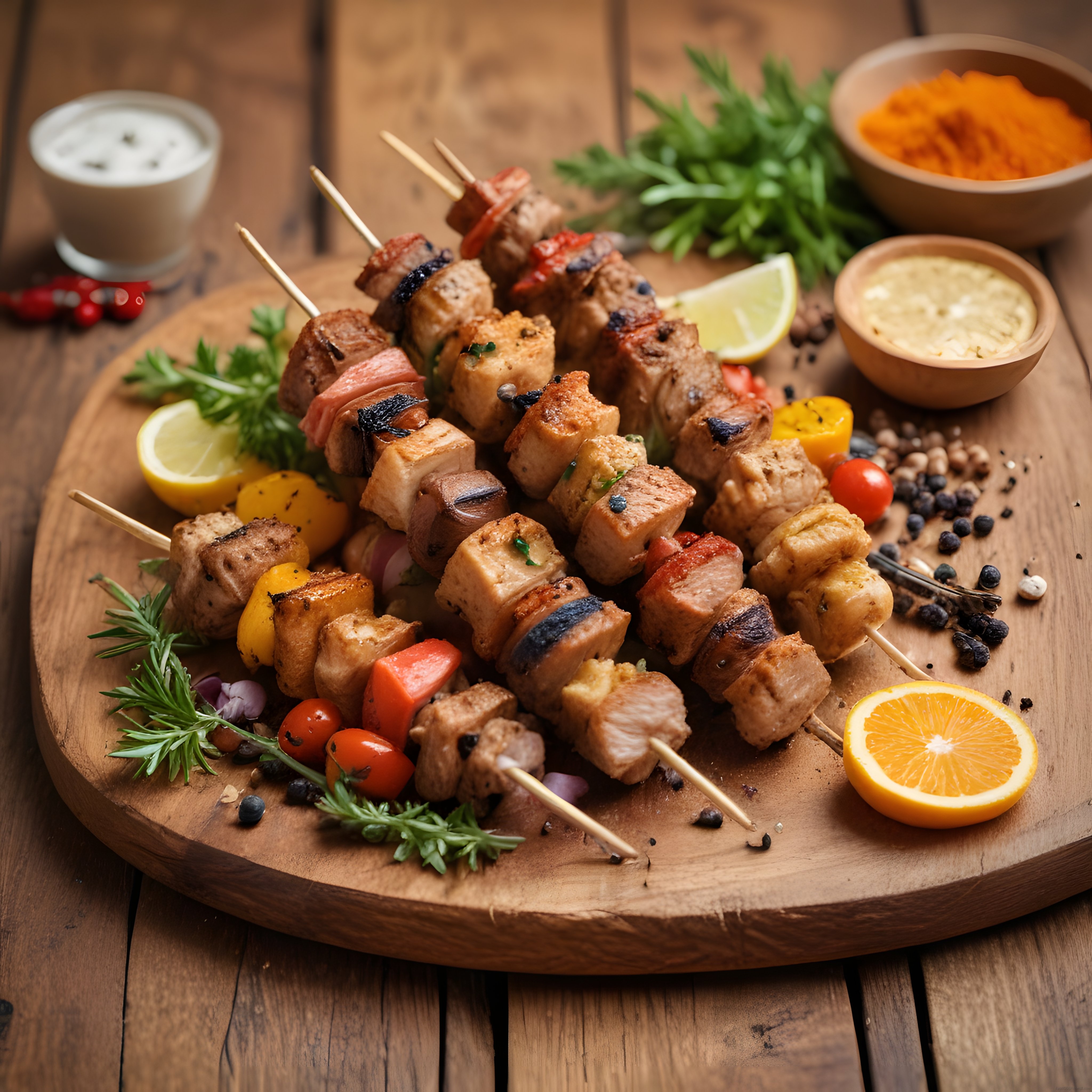 Ahşap Sunum Tahtası Üzerinde Renkli Şiş Kebap ve Izgara Sebzeler