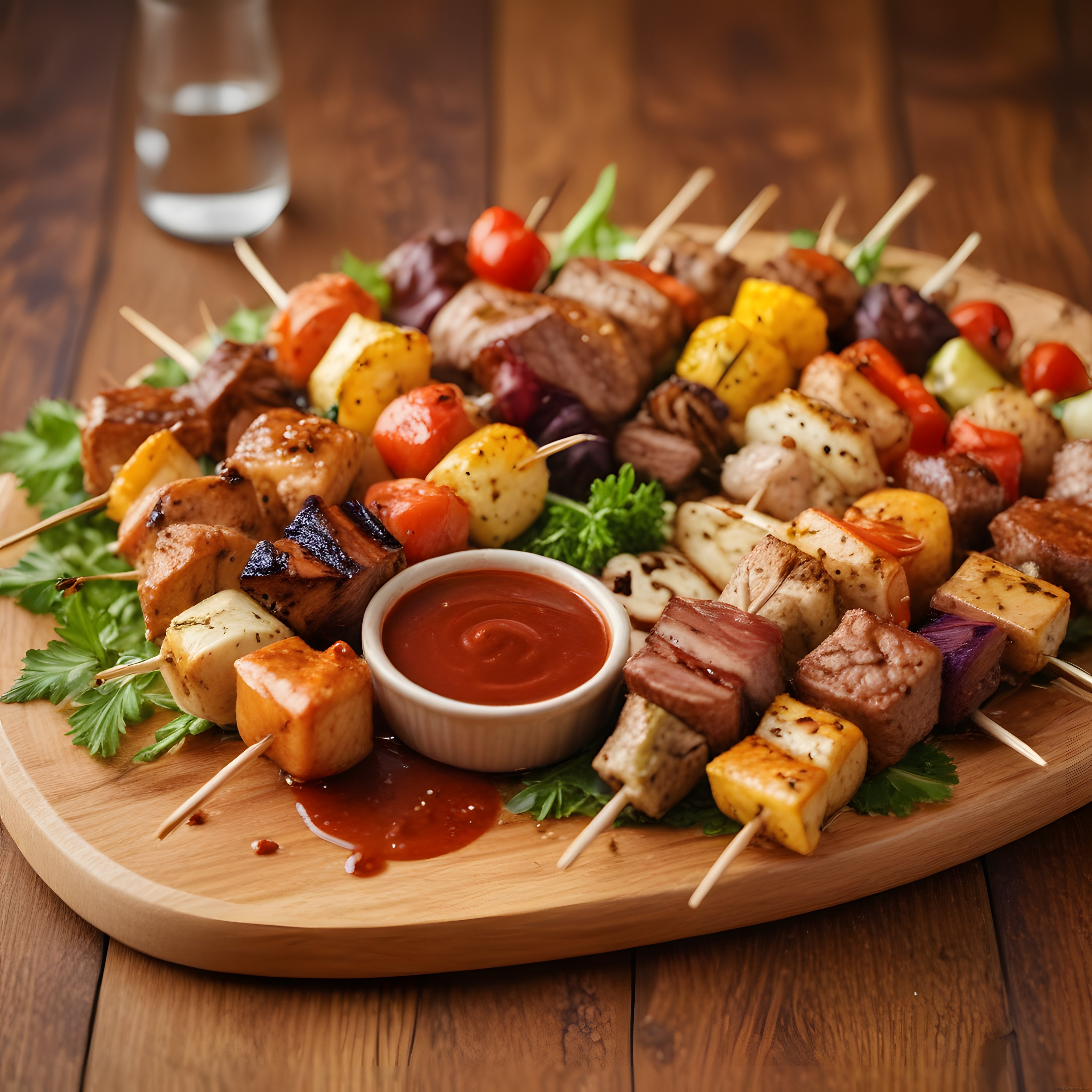 Ahşap Sunum Tahtası Üzerinde Renkli Şiş Kebap ve Sos ile Lezzetli Izgara Tabak