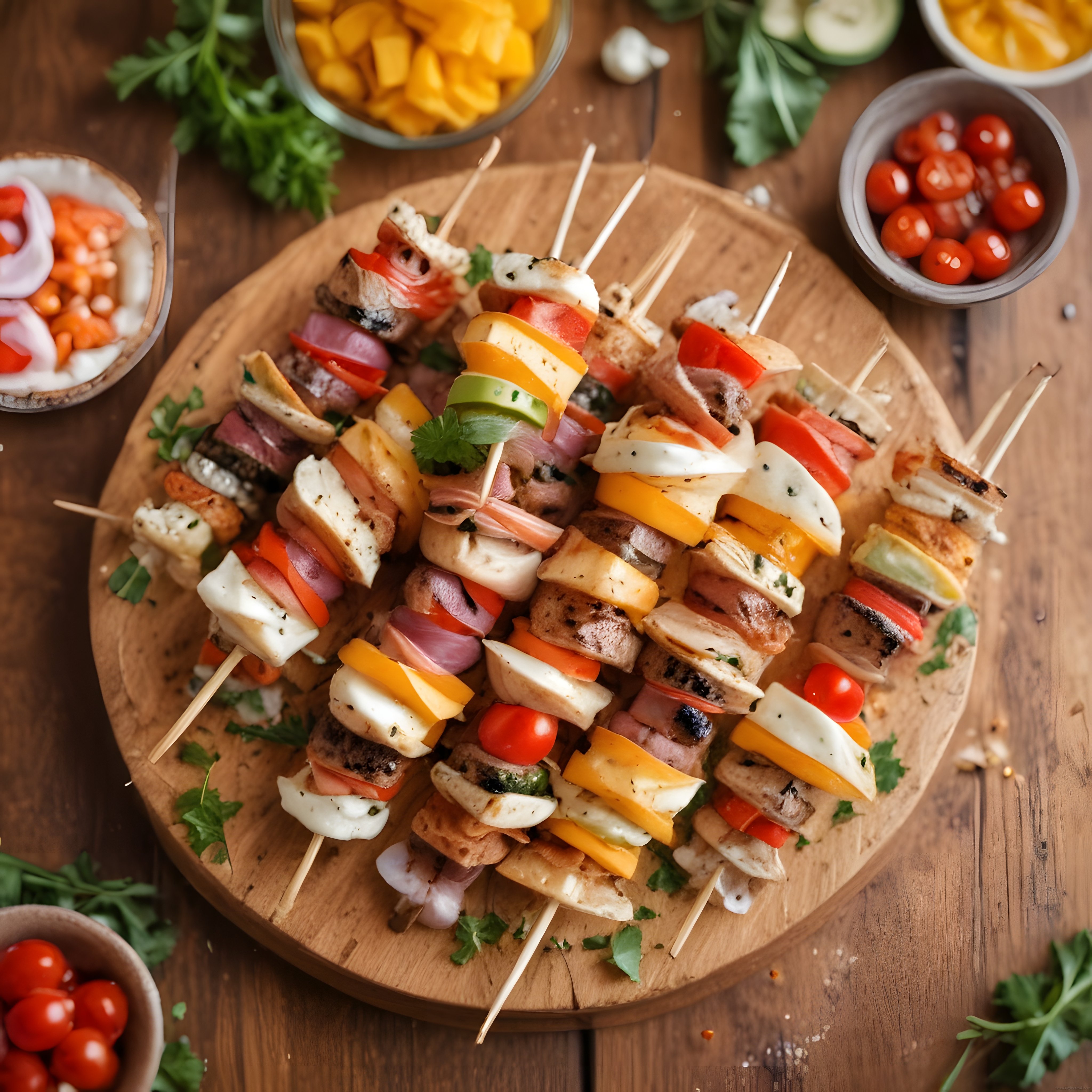 Ahşap Sunum Tahtası Üzerinde Renkli Şiş Kebap ve Taze Malzemelerle Lezzet Şöleni