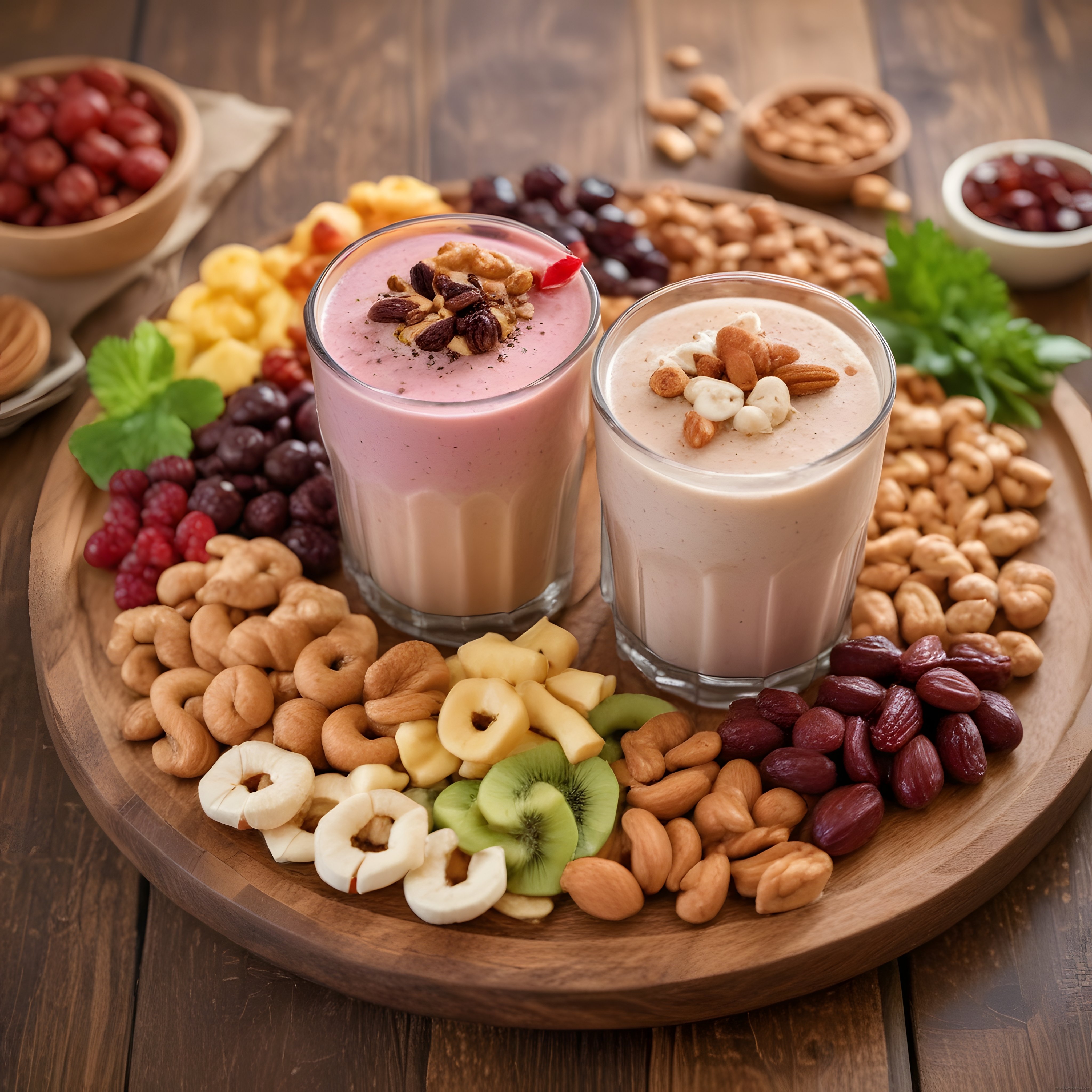 Ahşap Sunum Tahtası Üzerinde Renkli Smoothie ve Kuruyemişli Kahvaltı Tabağı