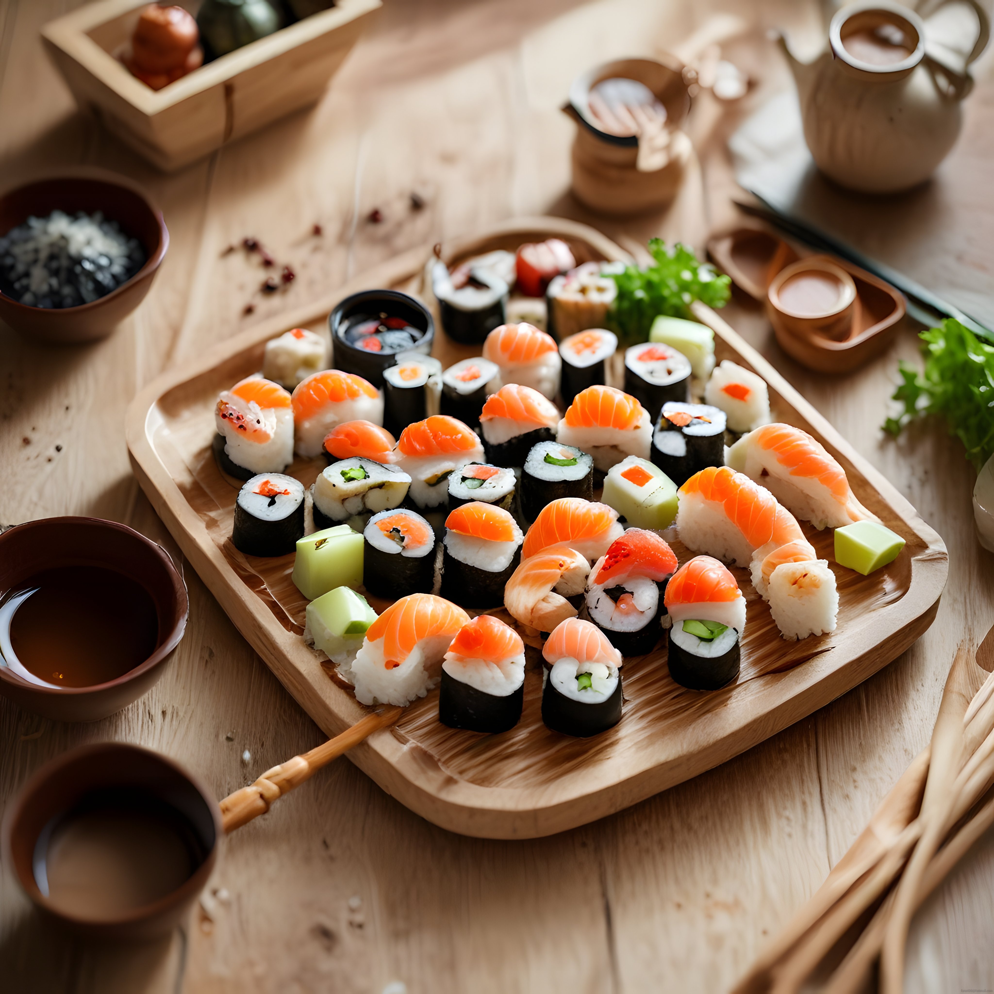 Ahşap sunum tahtası üzerinde renkli somon nigiri ve çeşitli maki sushi tabağı