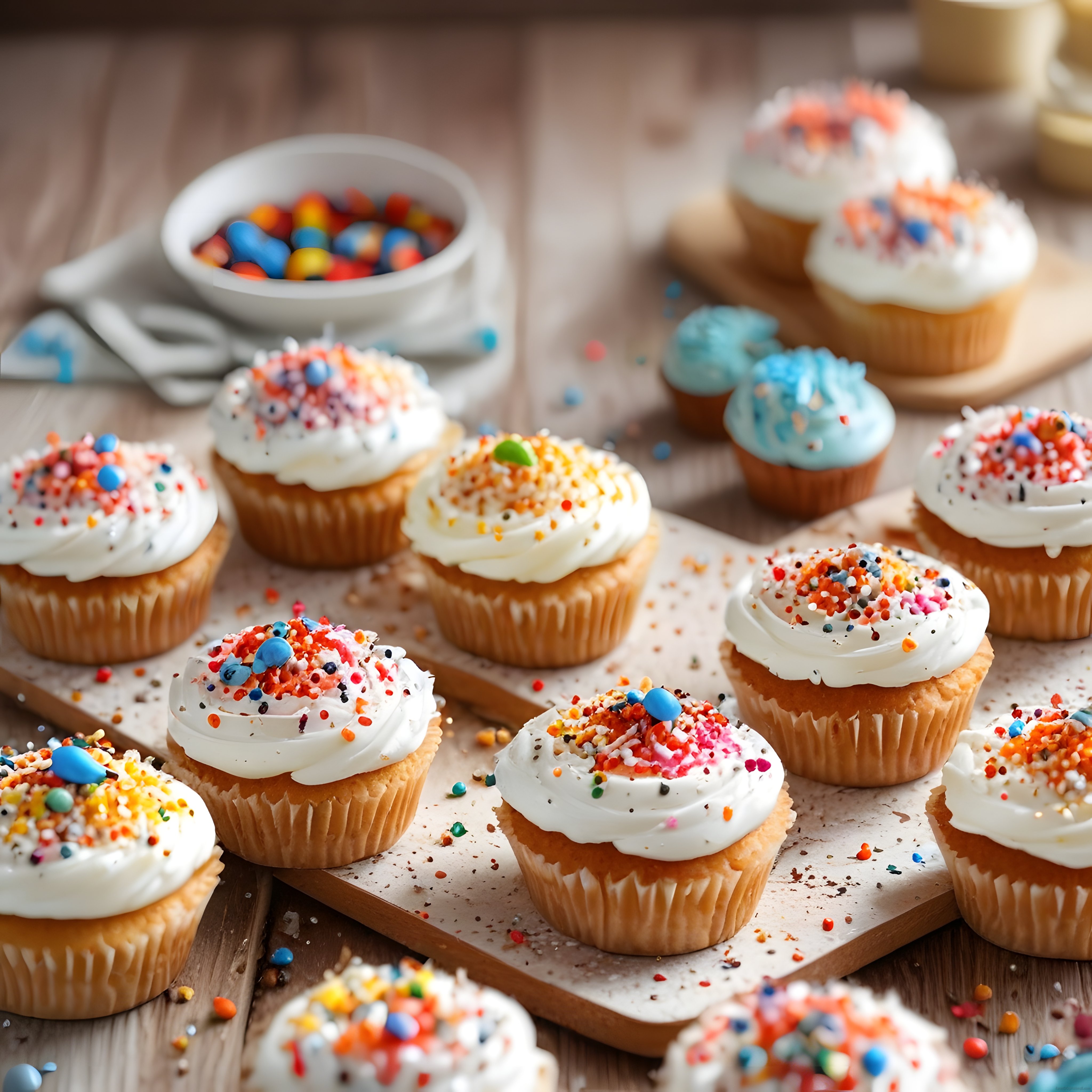Ahşap sunum tahtası üzerinde renkli süslü cupcake ve tatlı çeşitleri