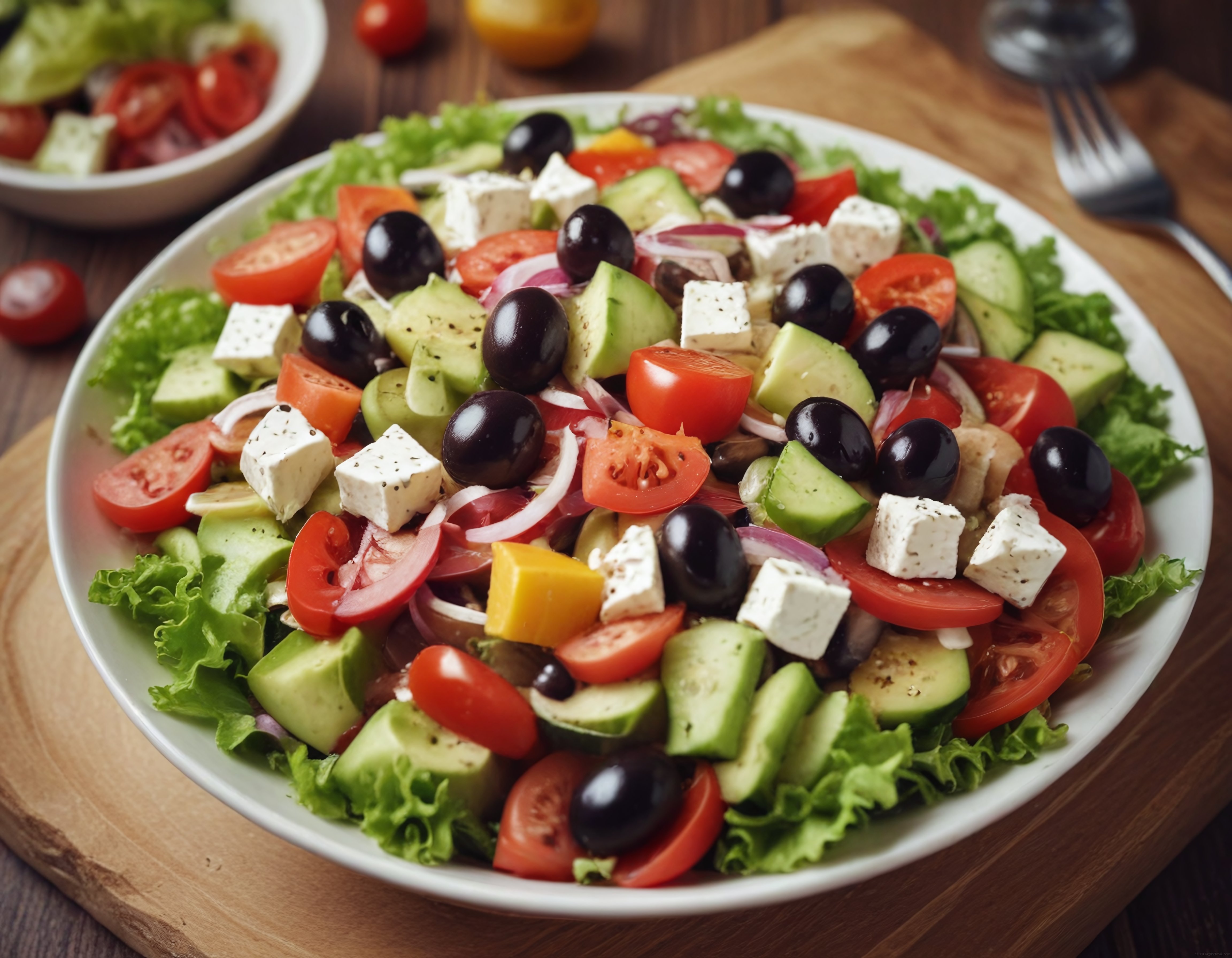 Ahşap Sunum Tahtası Üzerinde Renkli ve Besleyici Akdeniz Salatası
