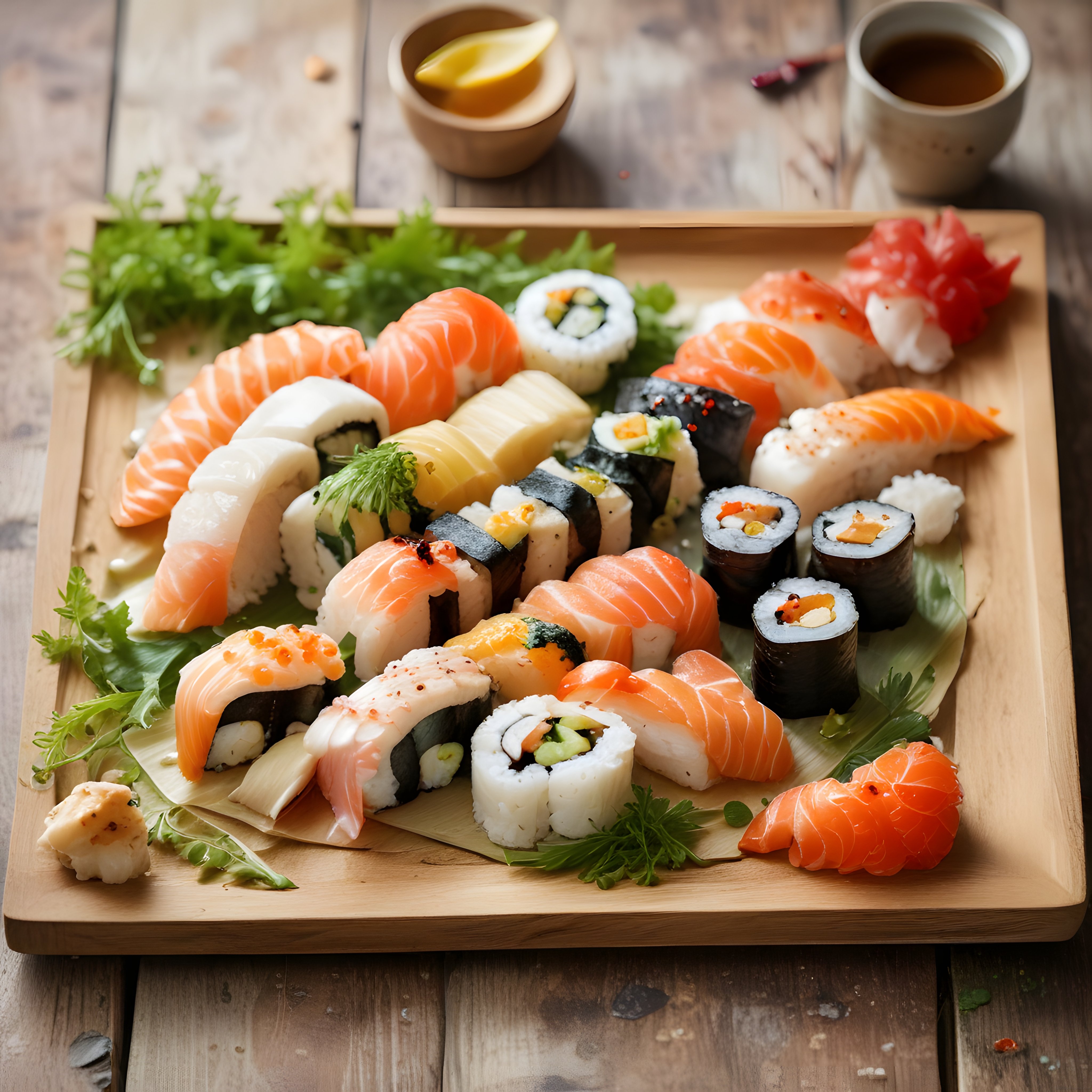 Ahşap Sunum Tahtası Üzerinde Renkli ve Leziz Sushi Çeşitleri