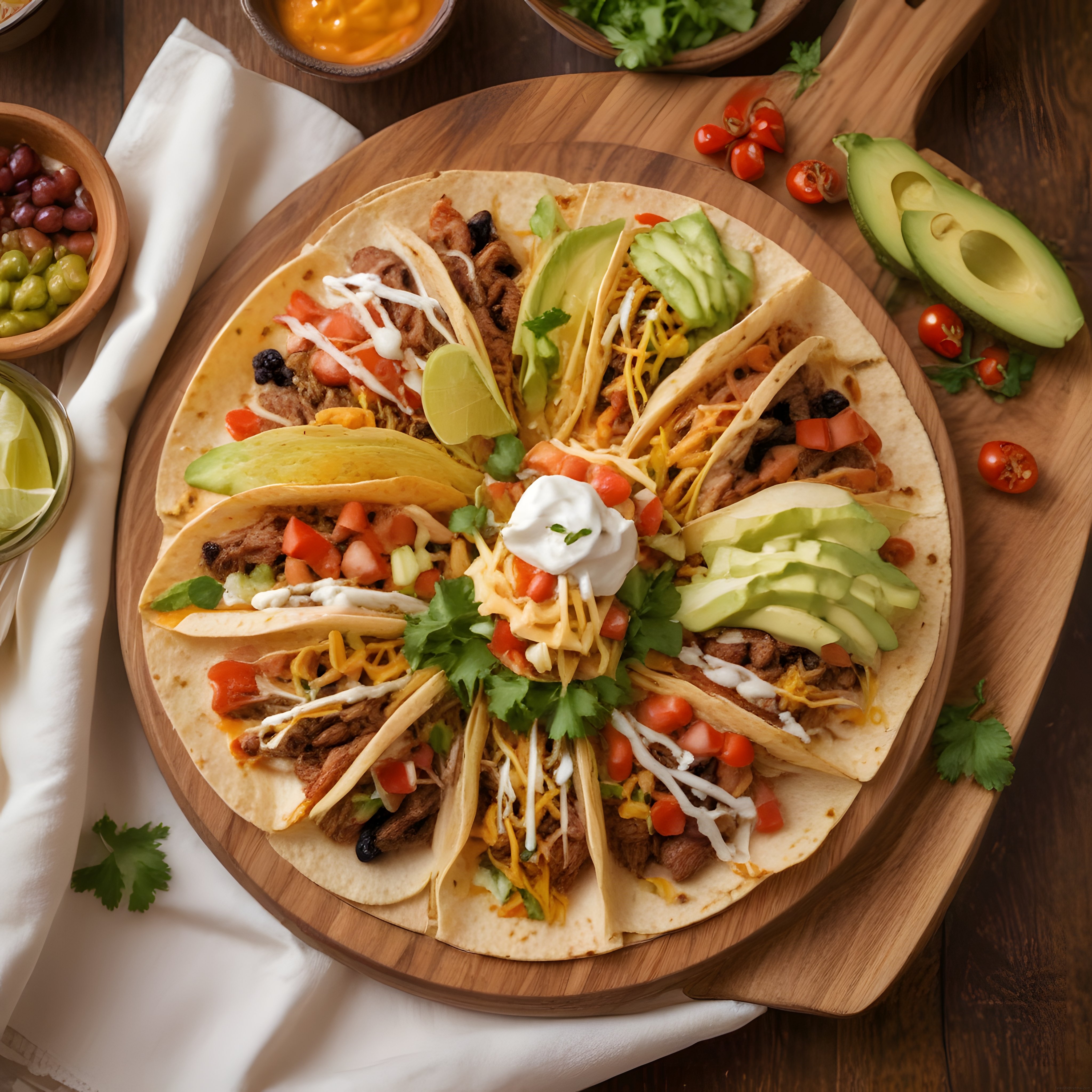 Ahşap Sunum Tahtası Üzerinde Renkli ve Lezzetli Meksika Taco'ları