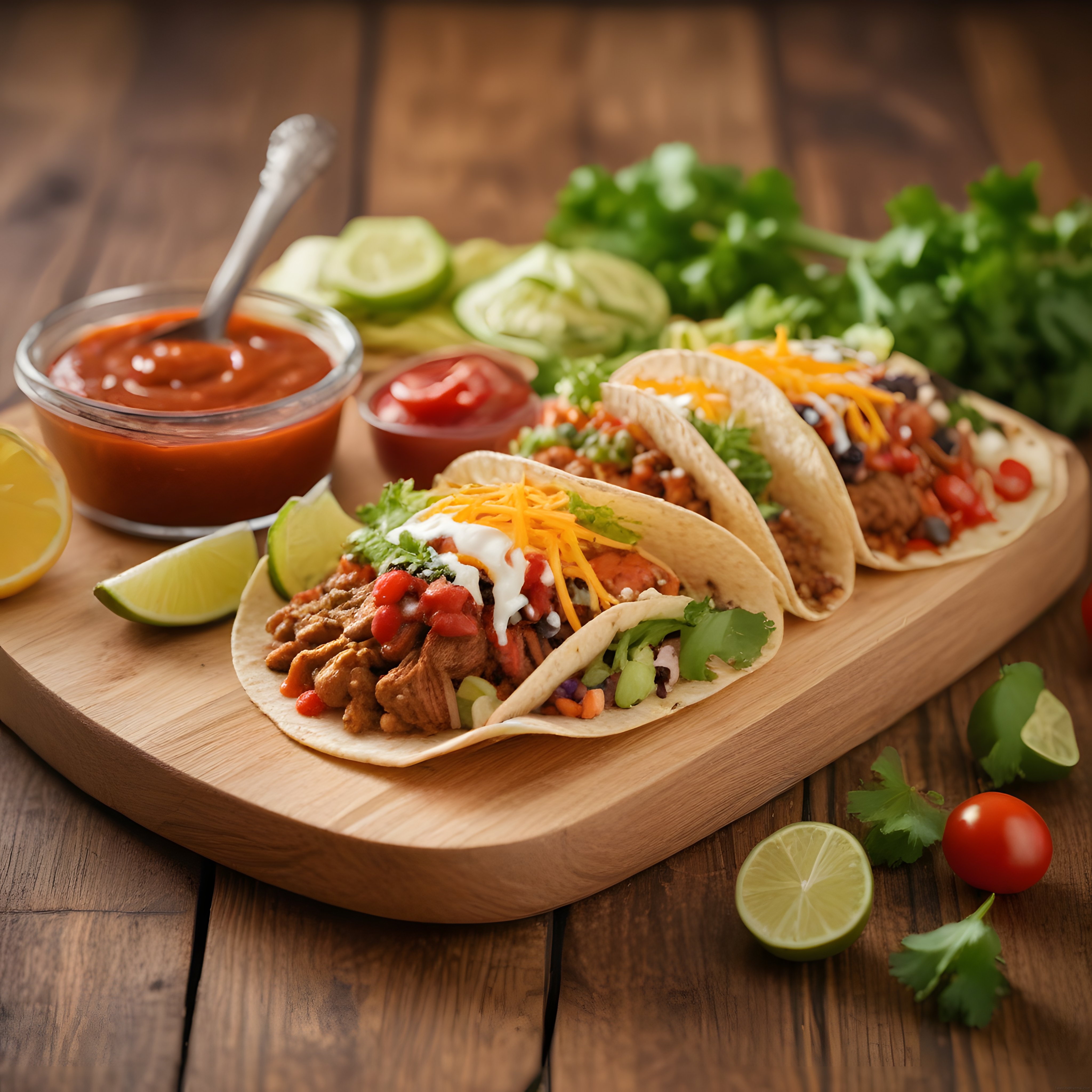 Ahşap Sunum Tahtası Üzerinde Renkli ve Lezzetli Meksika Taco Servisi