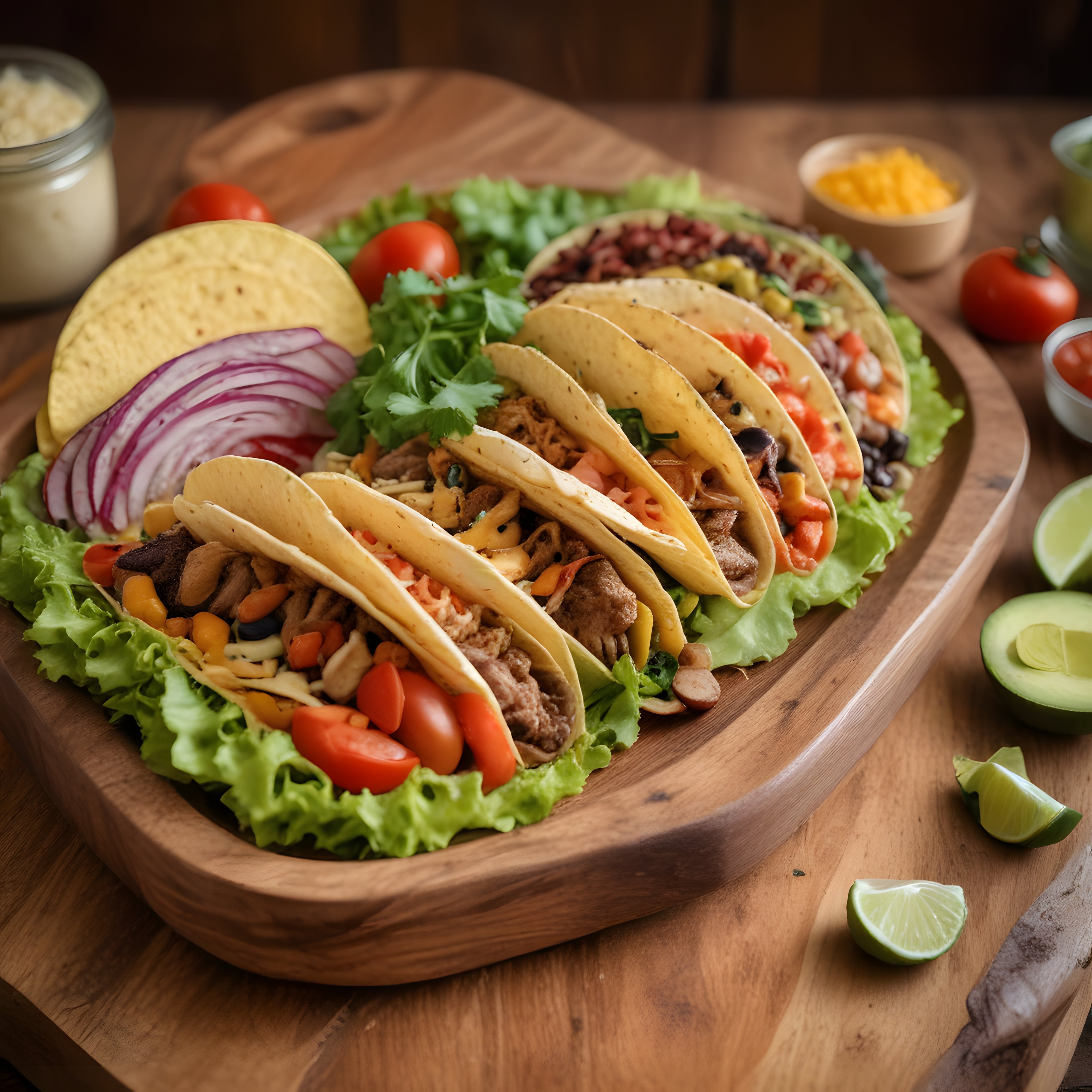 Ahşap Sunum Tahtası Üzerinde Renkli ve Lezzetli Taco Çeşitleriyle Meksika Sofrası