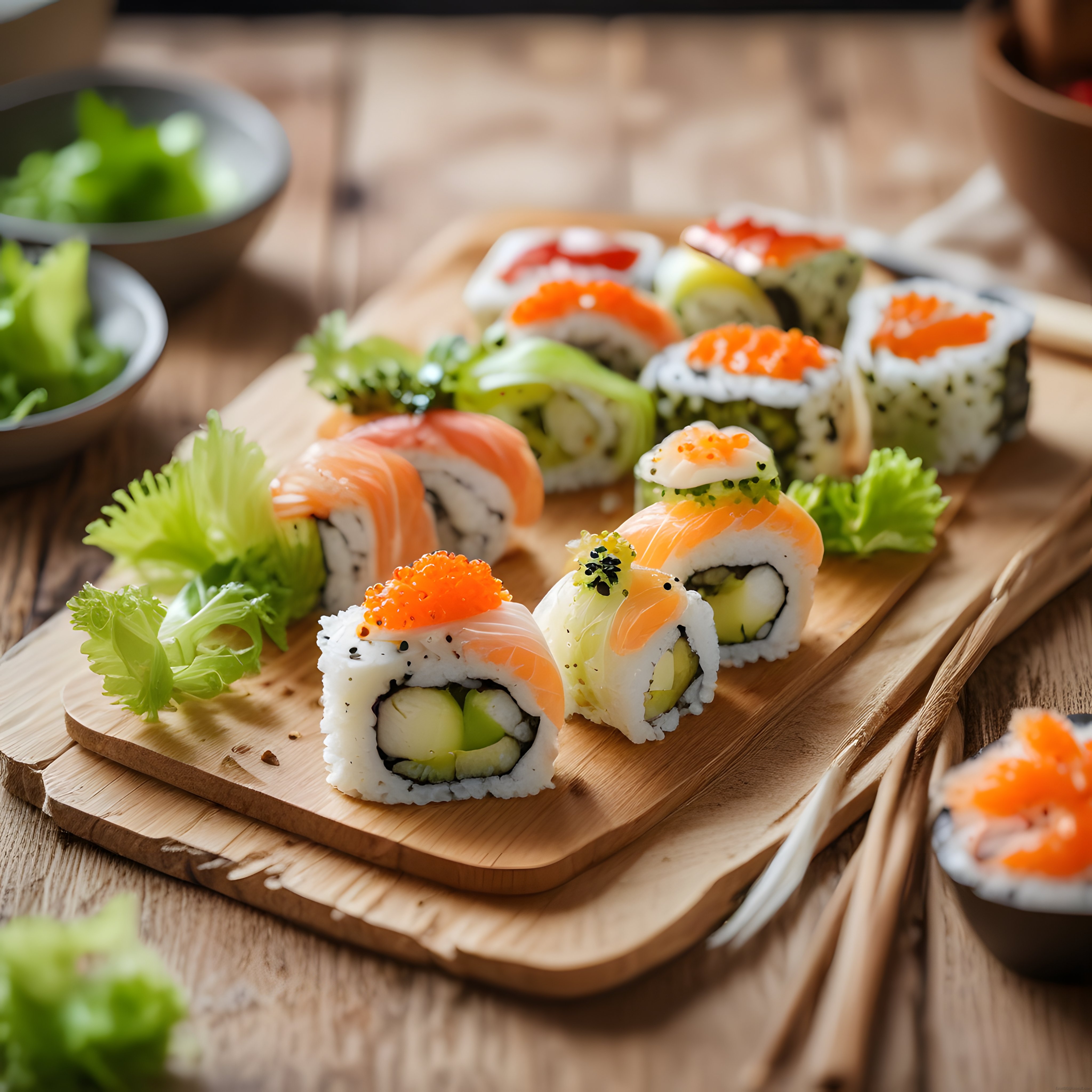 Ahşap Sunum Tahtası Üzerinde Renkli ve Taze Sushi Çeşitleri