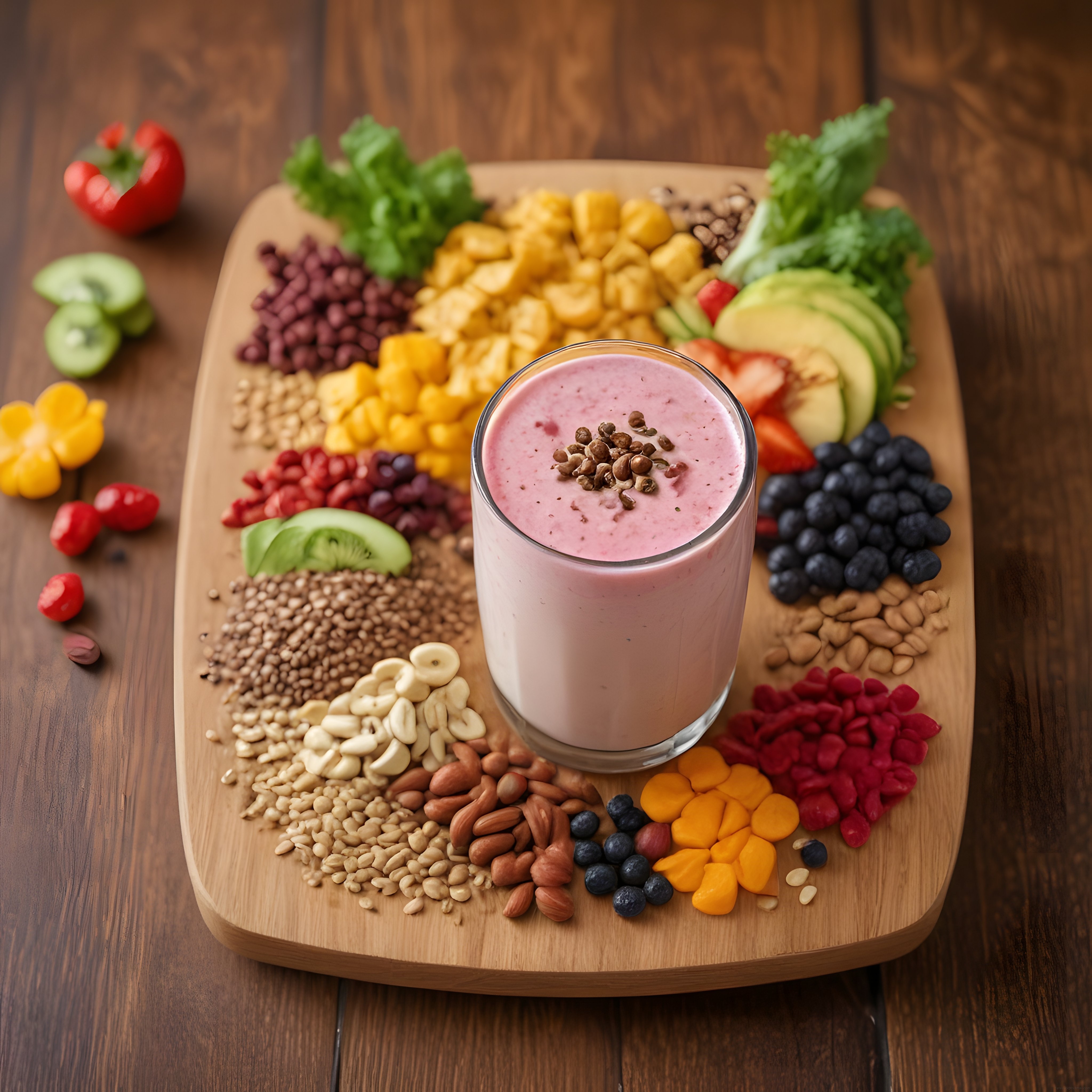 Ahşap sunum tahtası üzerinde sağlıklı smoothie ve renkli süper gıda