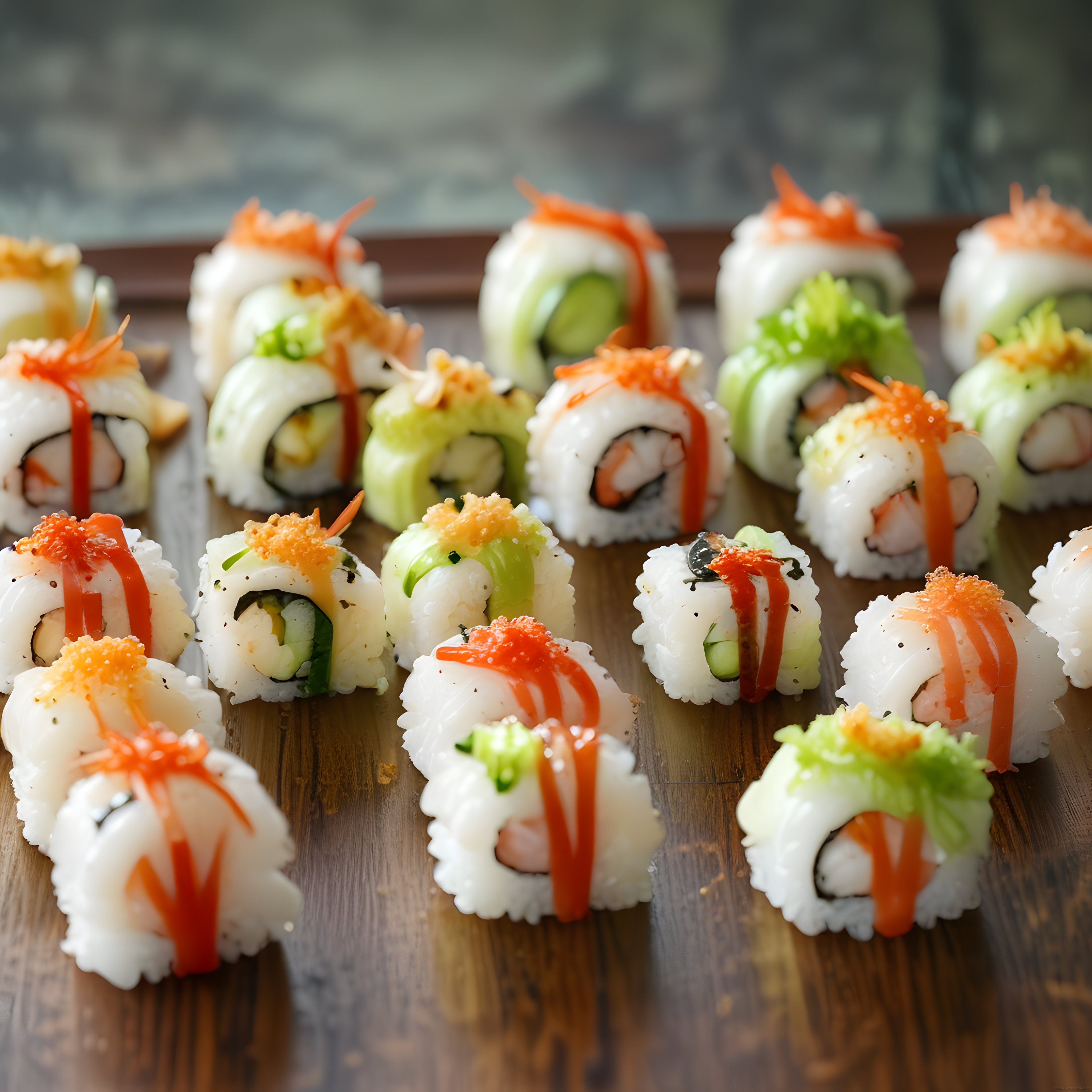 Ahşap sunum tahtası üzerinde sanatsal düzenlenmiş çeşitli sushi makileri