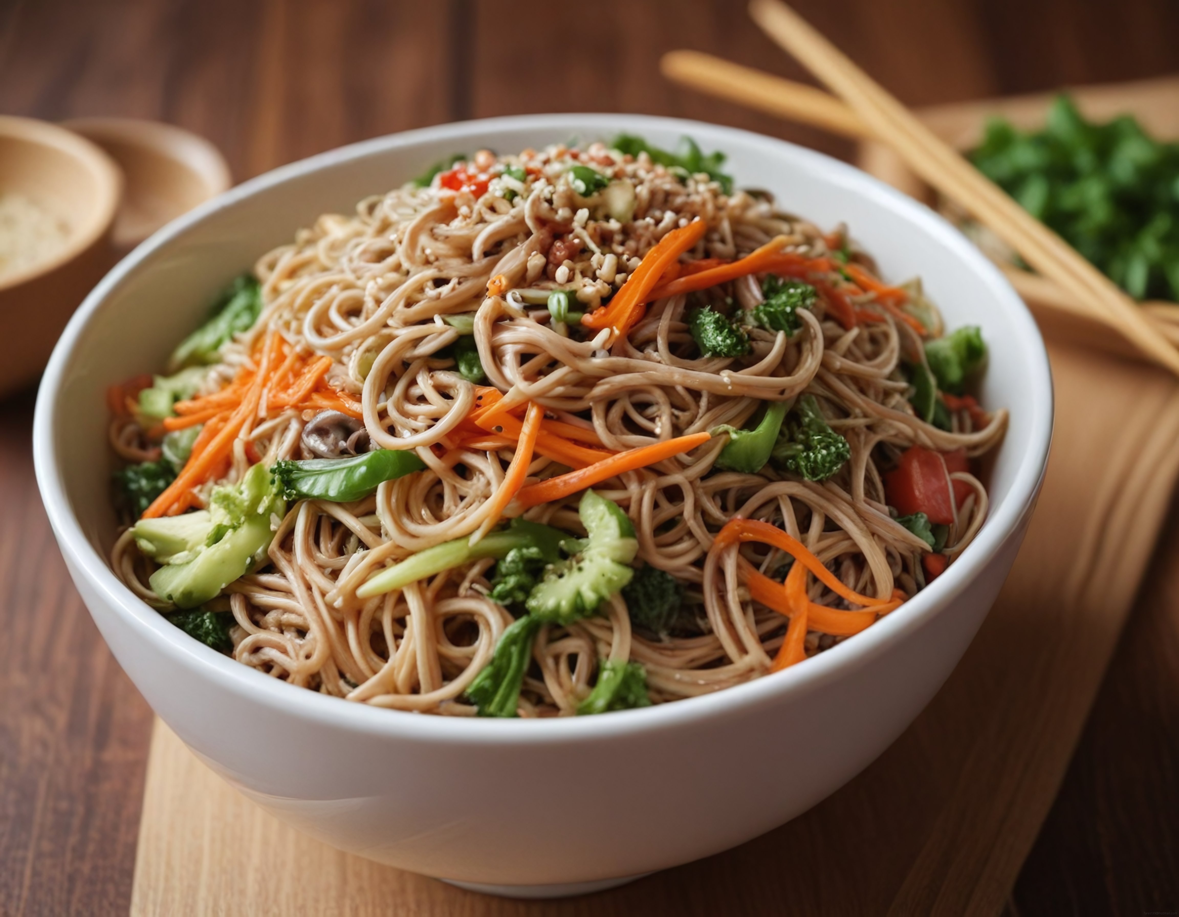 Ahşap Sunum Tahtası Üzerinde Sebzeli Noodle Salatası ve Sağlıklı Beslenme