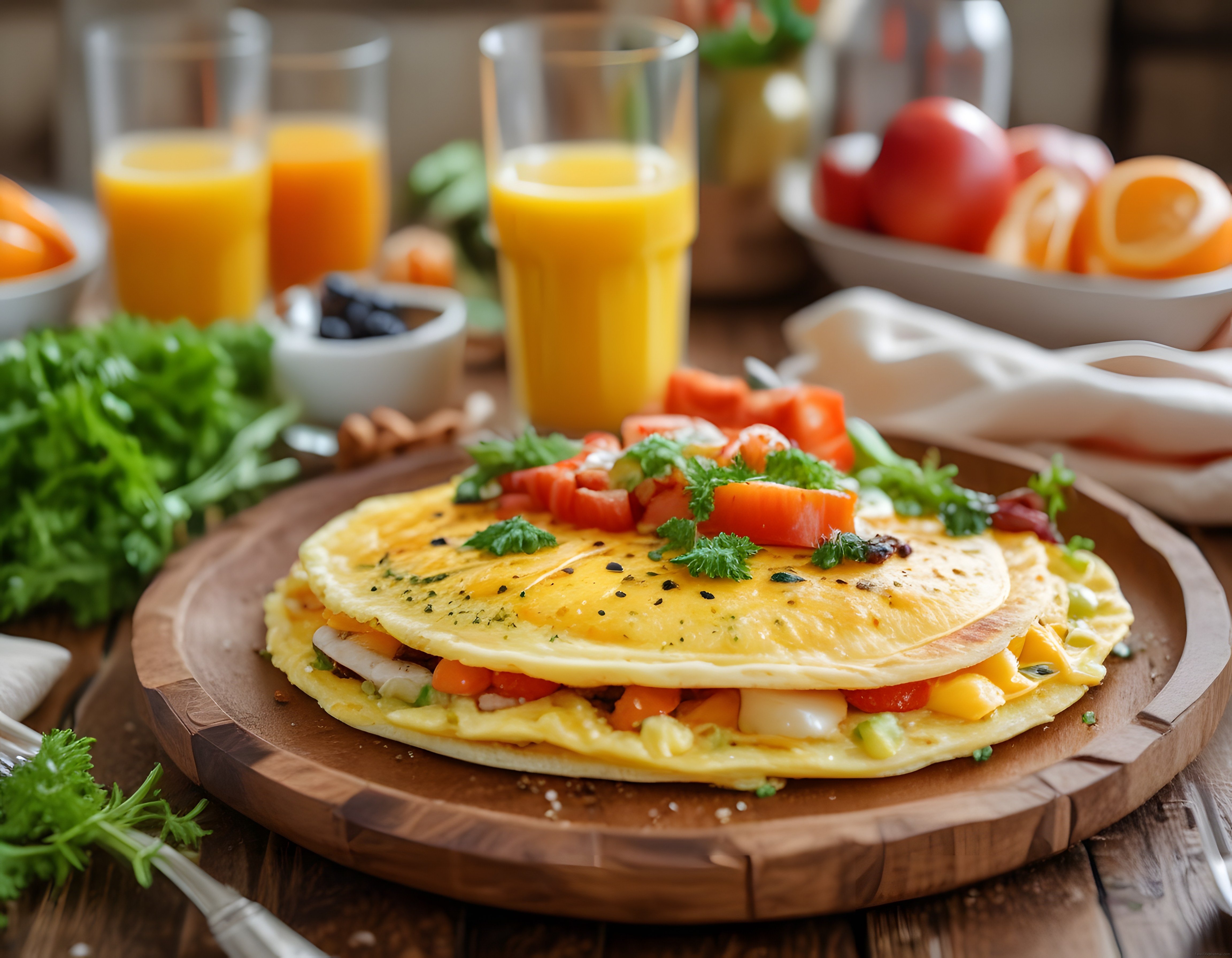 Ahşap Sunum Tahtası Üzerinde Sebzeli Omlet ve Taze Sıkma Portakal Suyu