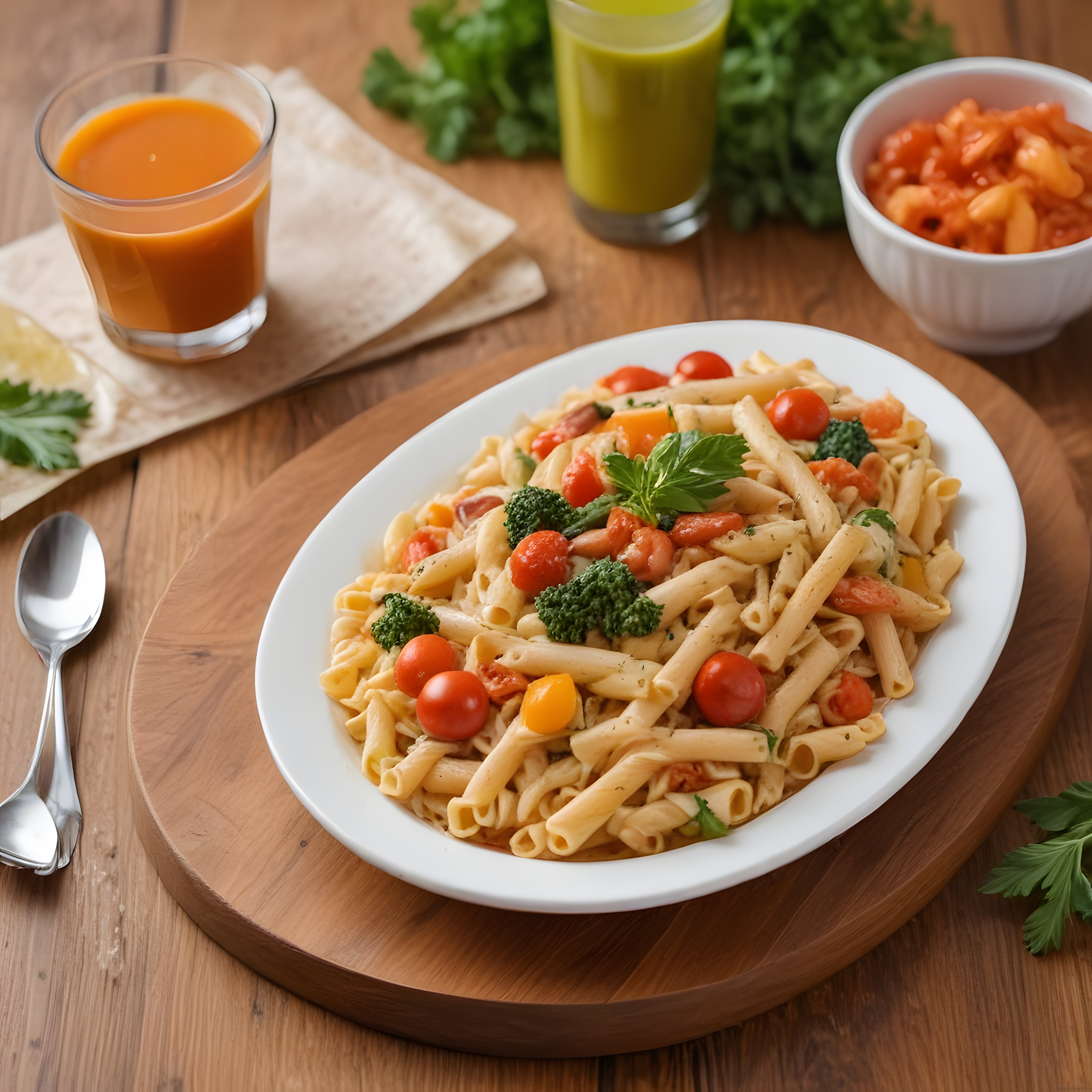 Ahşap Sunum Tahtası Üzerinde Sebzeli Penne Makarna ve Taze Sıkılmış Meyve Suları
