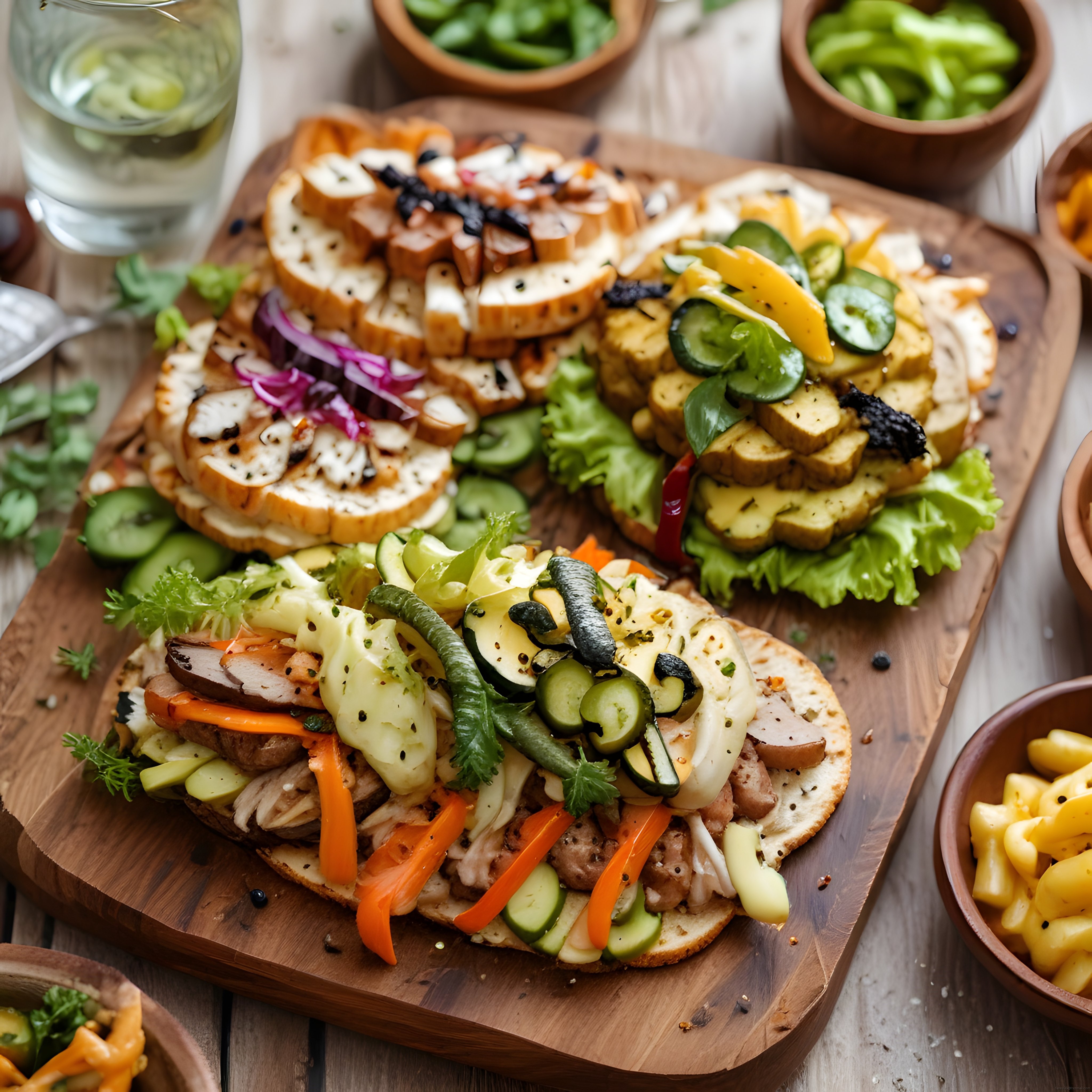 Ahşap Sunum Tahtası Üzerinde Sebzeli ve Proteinli Açık Sandviçler