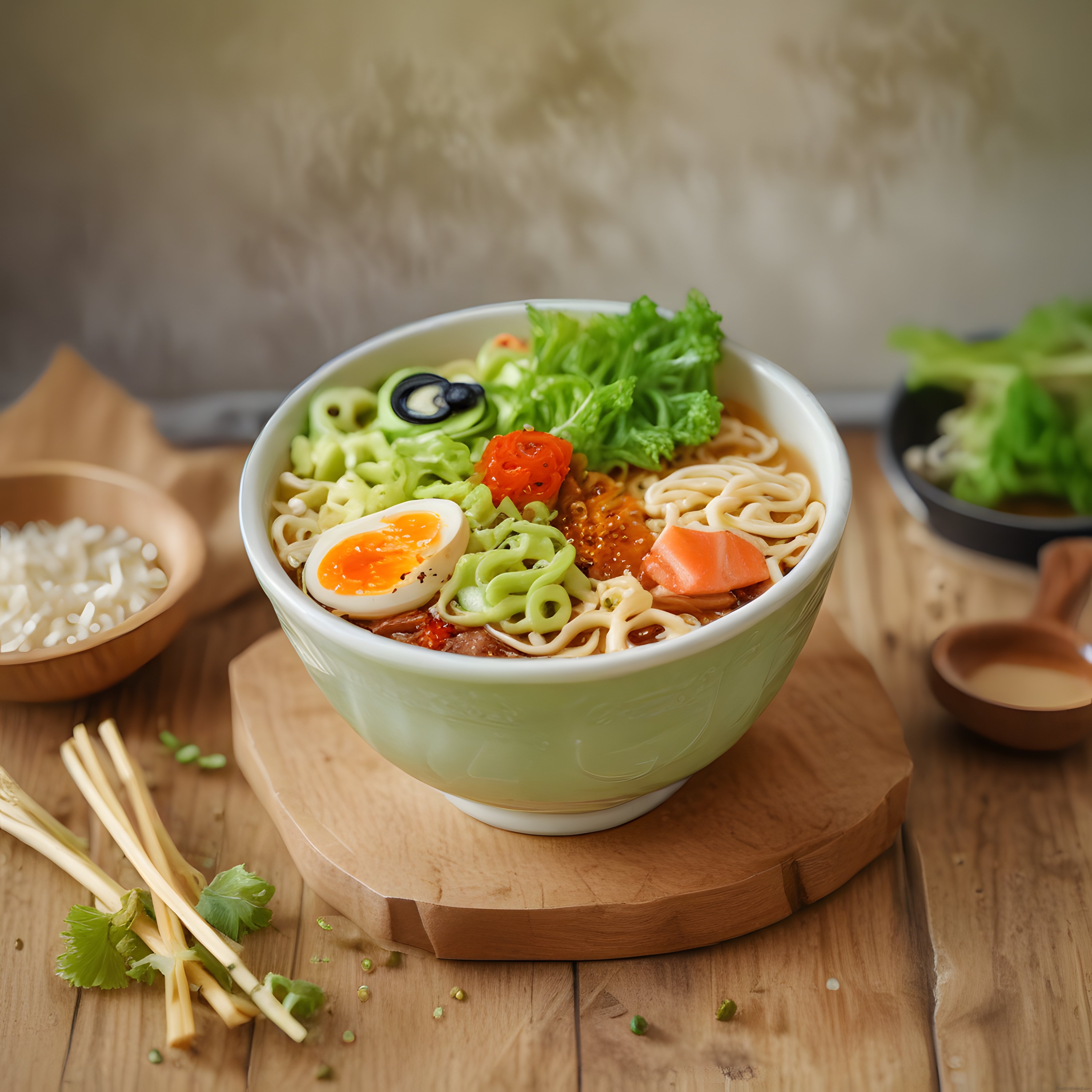 Ahşap sunum tahtası üzerinde servis edilen geleneksel Japon ramen kasesi ve taze malzemeler