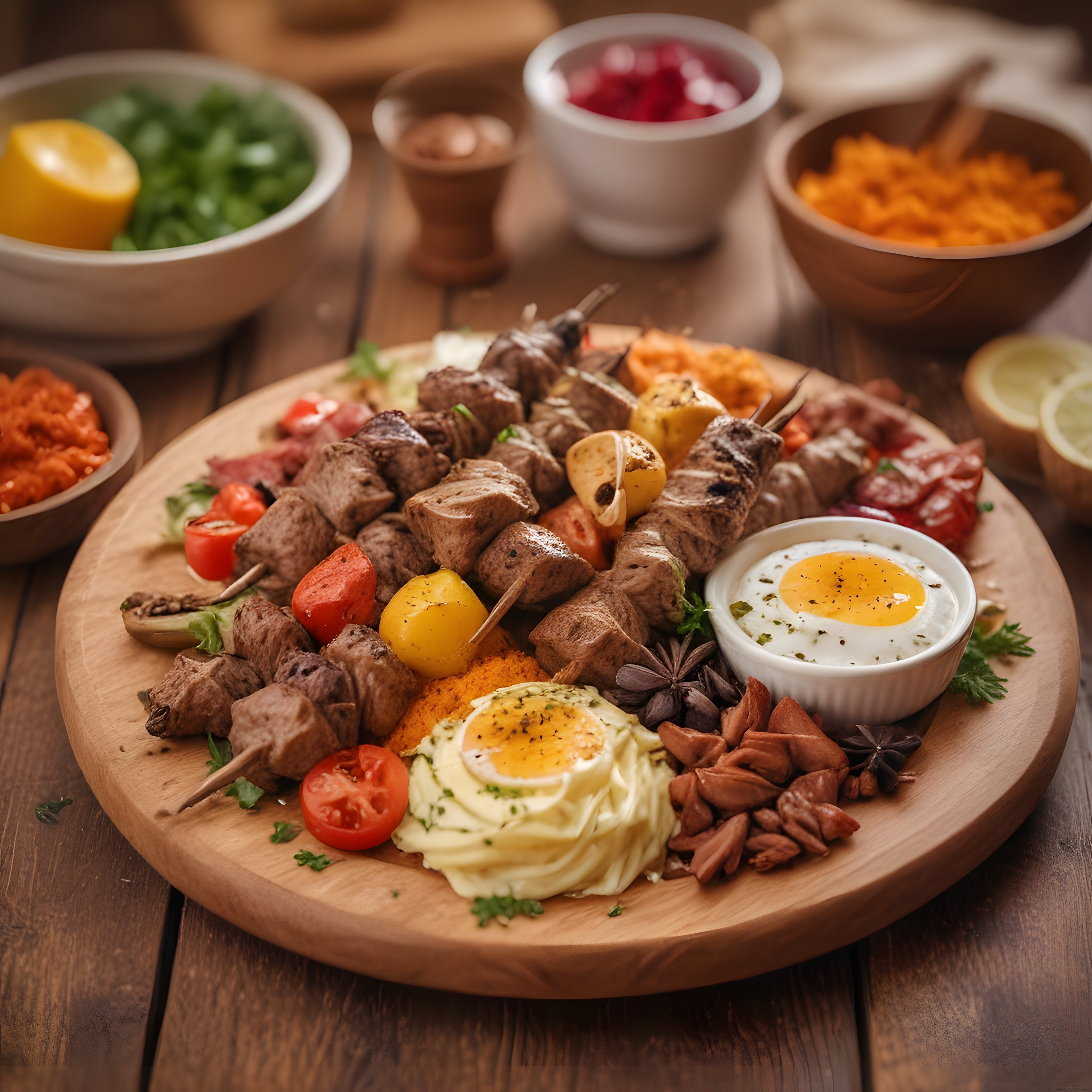 Ahşap Sunum Tahtası Üzerinde Şiş Kebap ve Meze Çeşitleriyle Zengin Izgara Tabağı
