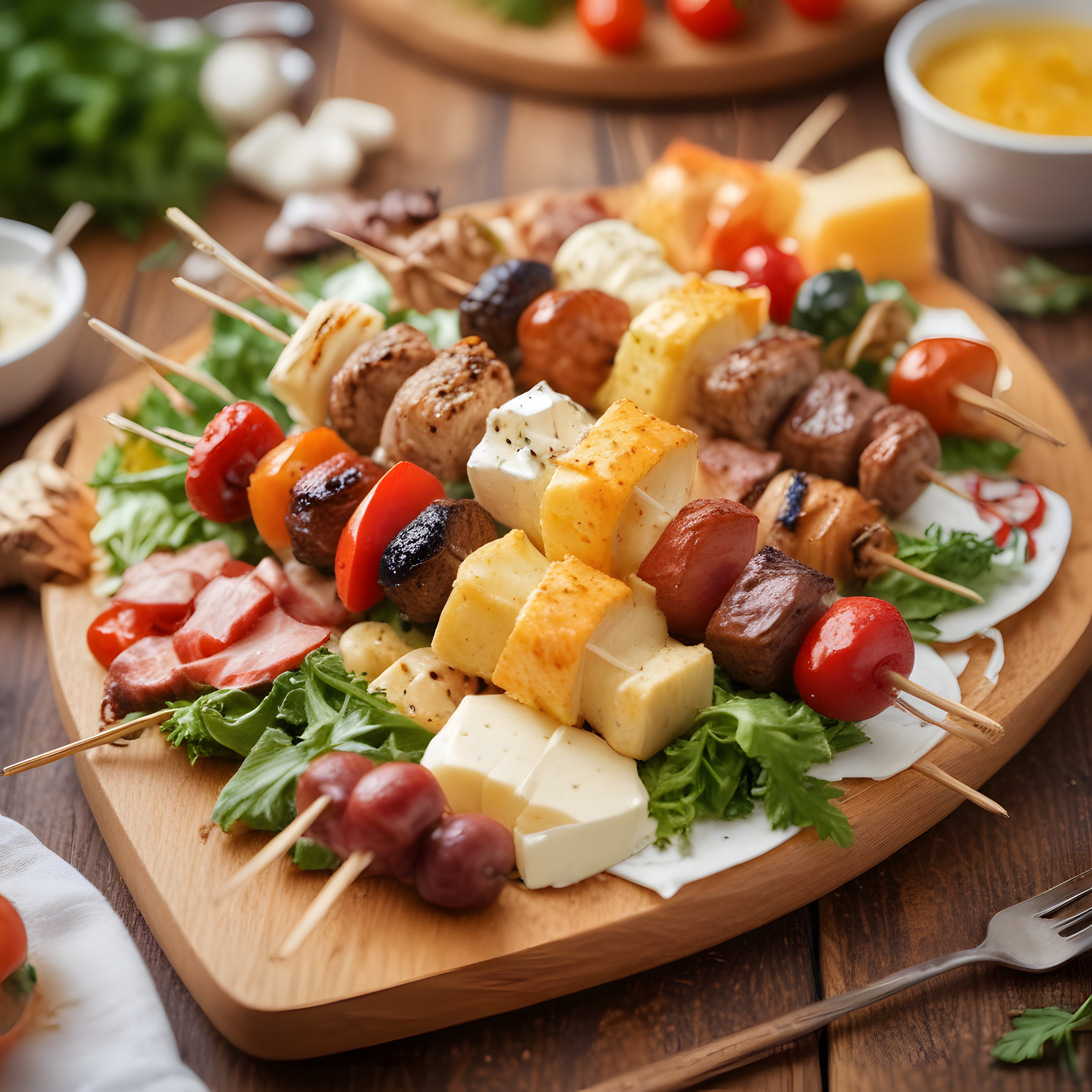 Ahşap sunum tahtası üzerinde şişlere dizilmiş peynir, zeytin, domates ve et çeşitleri