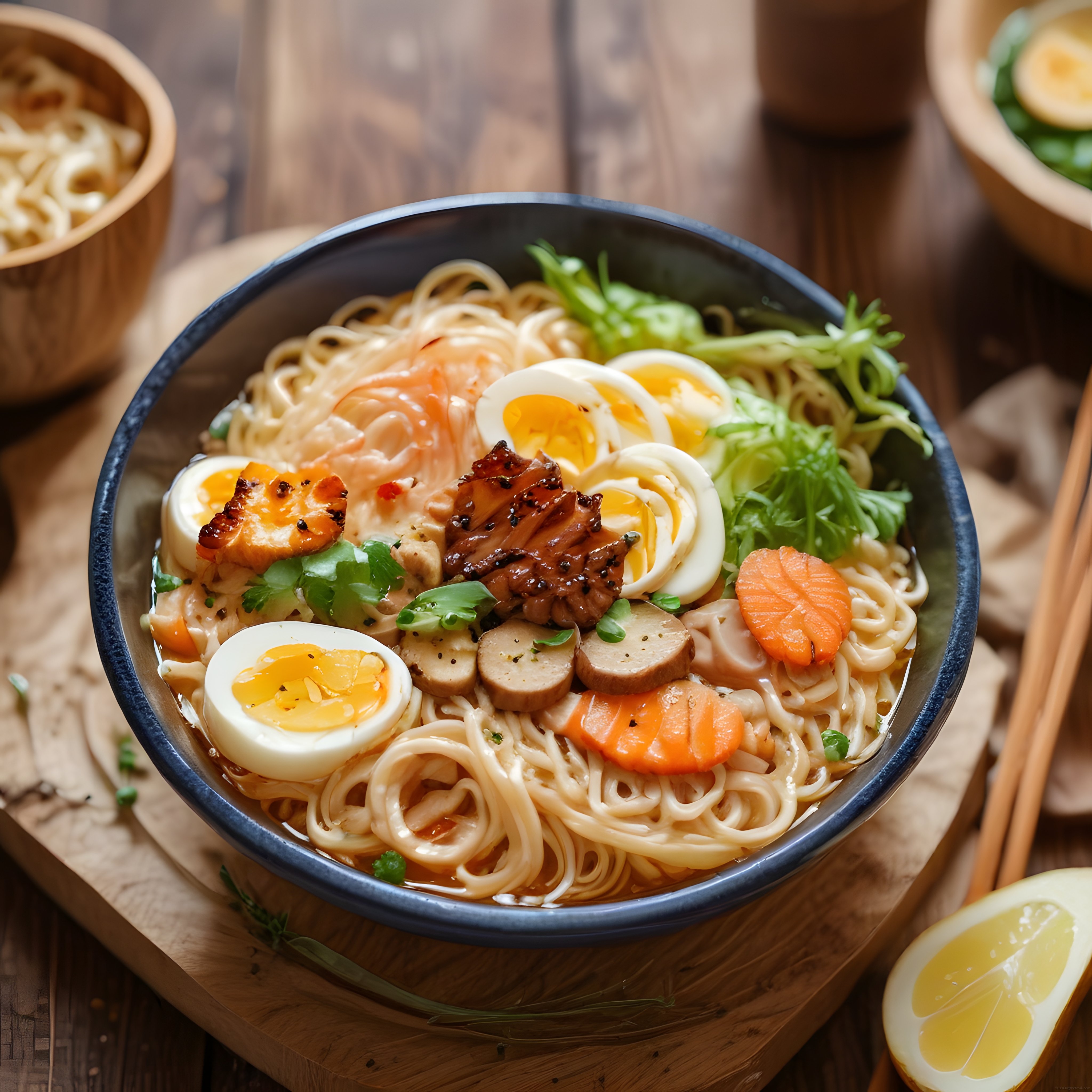 Ahşap Sunum Tahtası Üzerinde Siyah Kasede Göz Alıcı Japon Ramen Sunumu