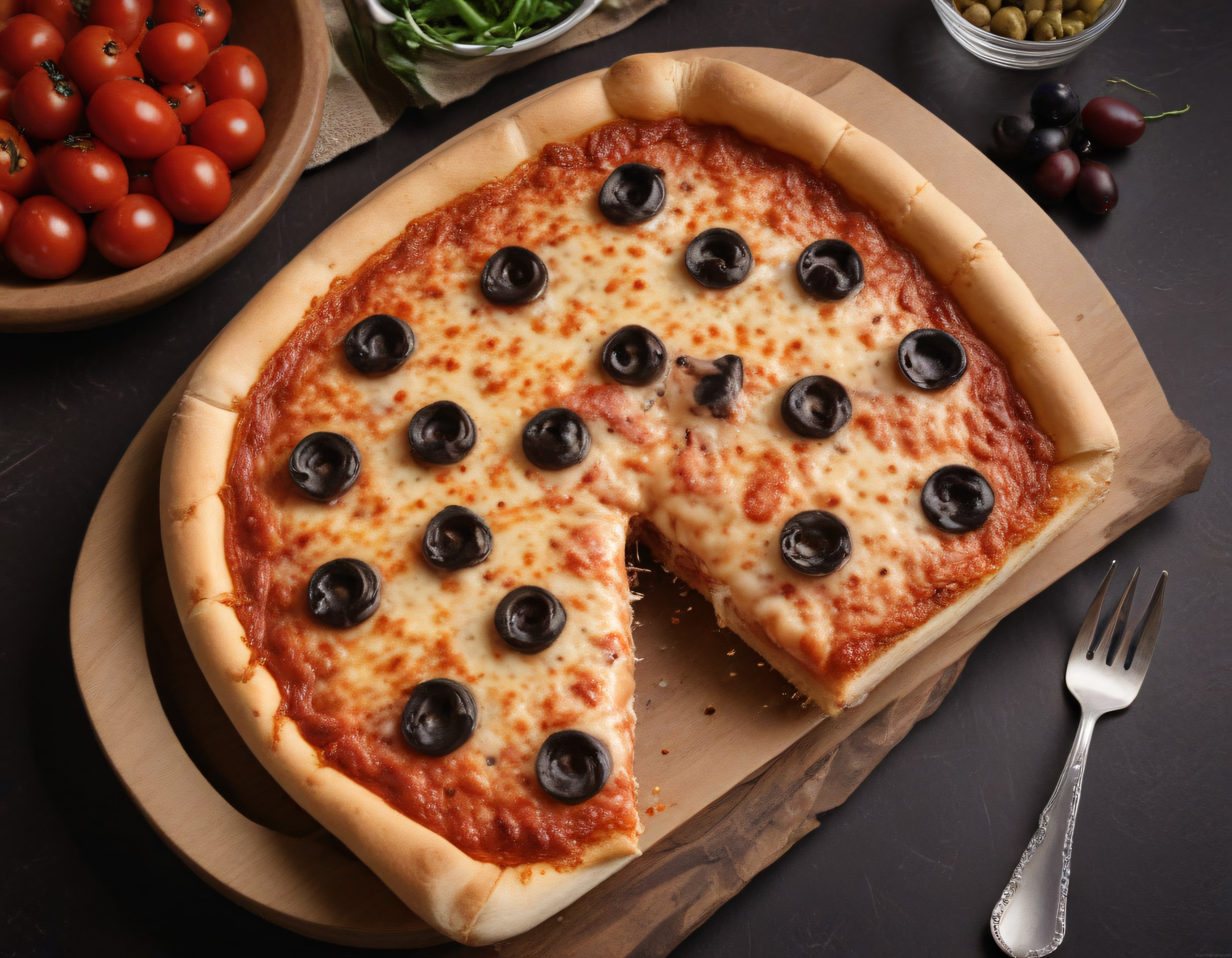 Ahşap Sunum Tahtası Üzerinde Siyah Zeytinli ve Bol Peynirli İtalyan Pizza