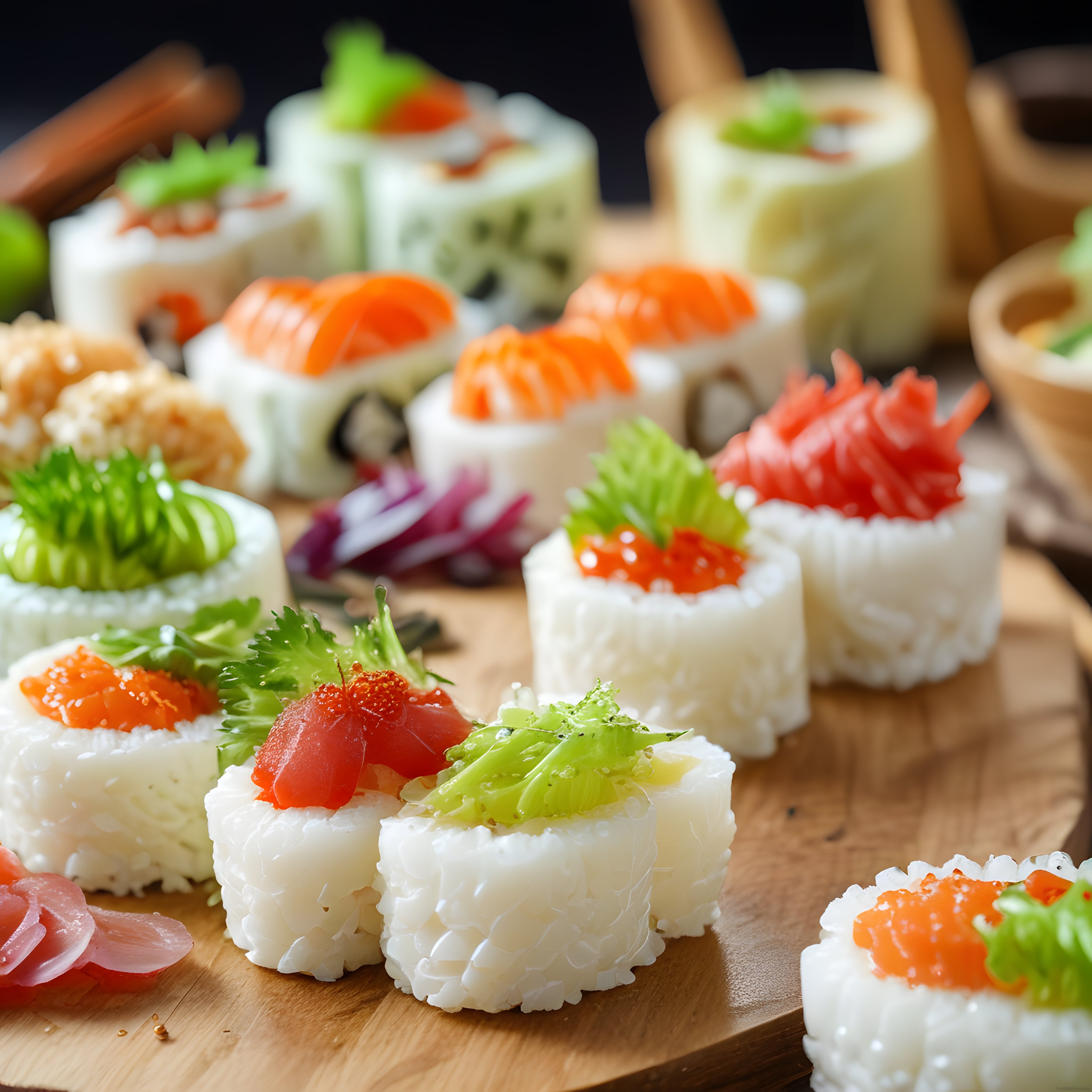 Ahşap sunum tahtası üzerinde somonlu ve avokadolu taze sushi çeşitleri