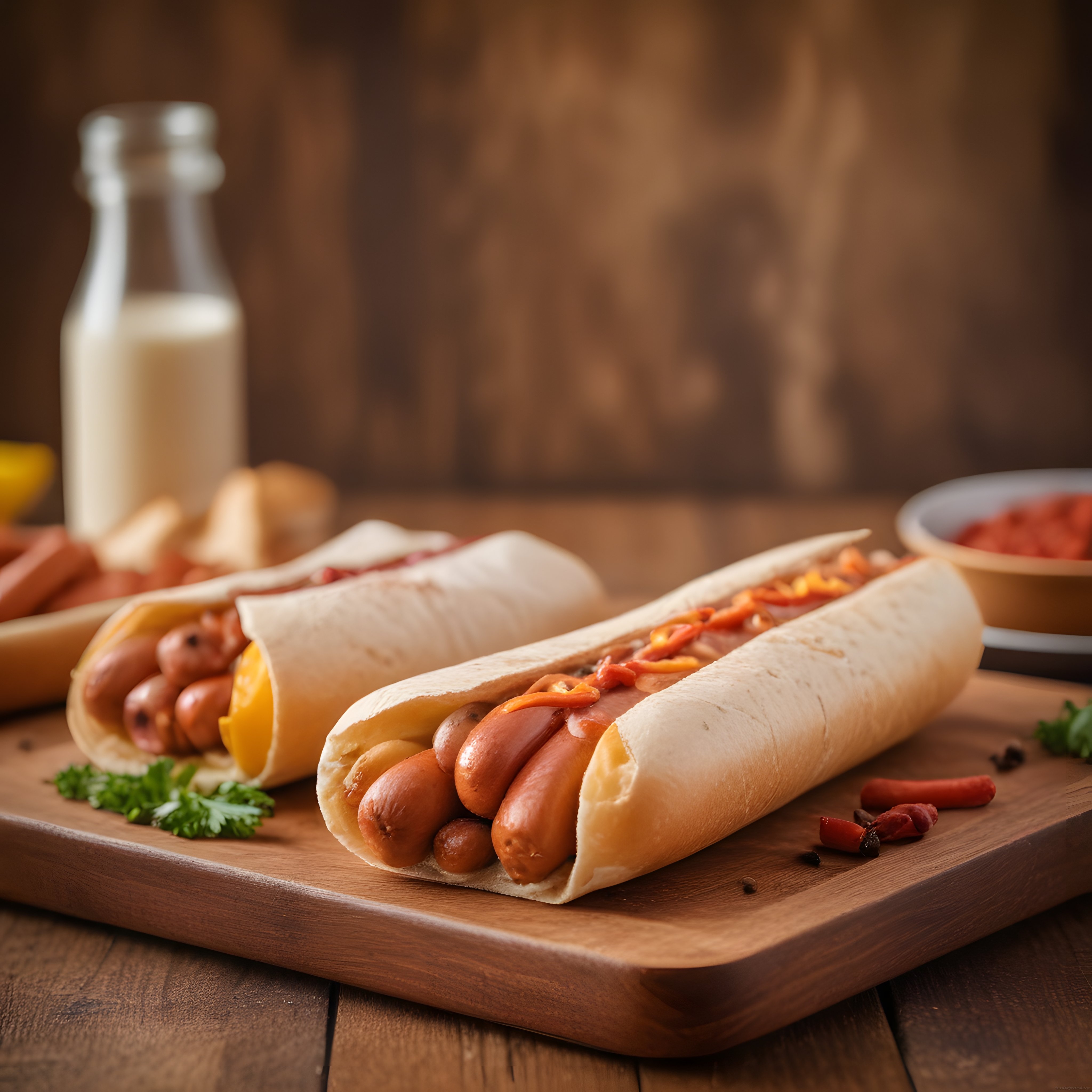 Ahşap Sunum Tahtası Üzerinde Sosisli Tortilla Dürüm ve Taze Garnitürler