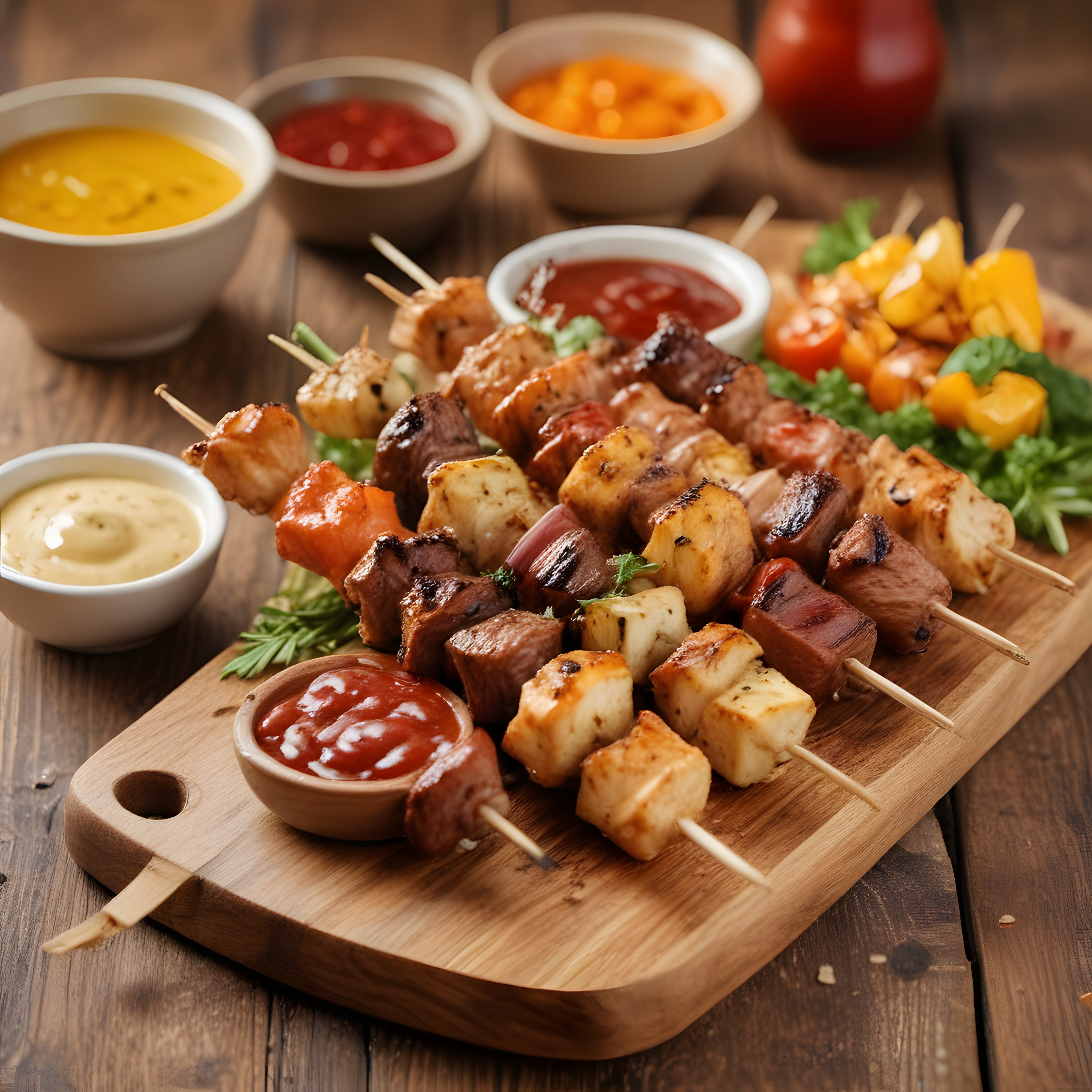 Ahşap Sunum Tahtası Üzerinde Soslar Eşliğinde Lezzetli Şiş Kebap