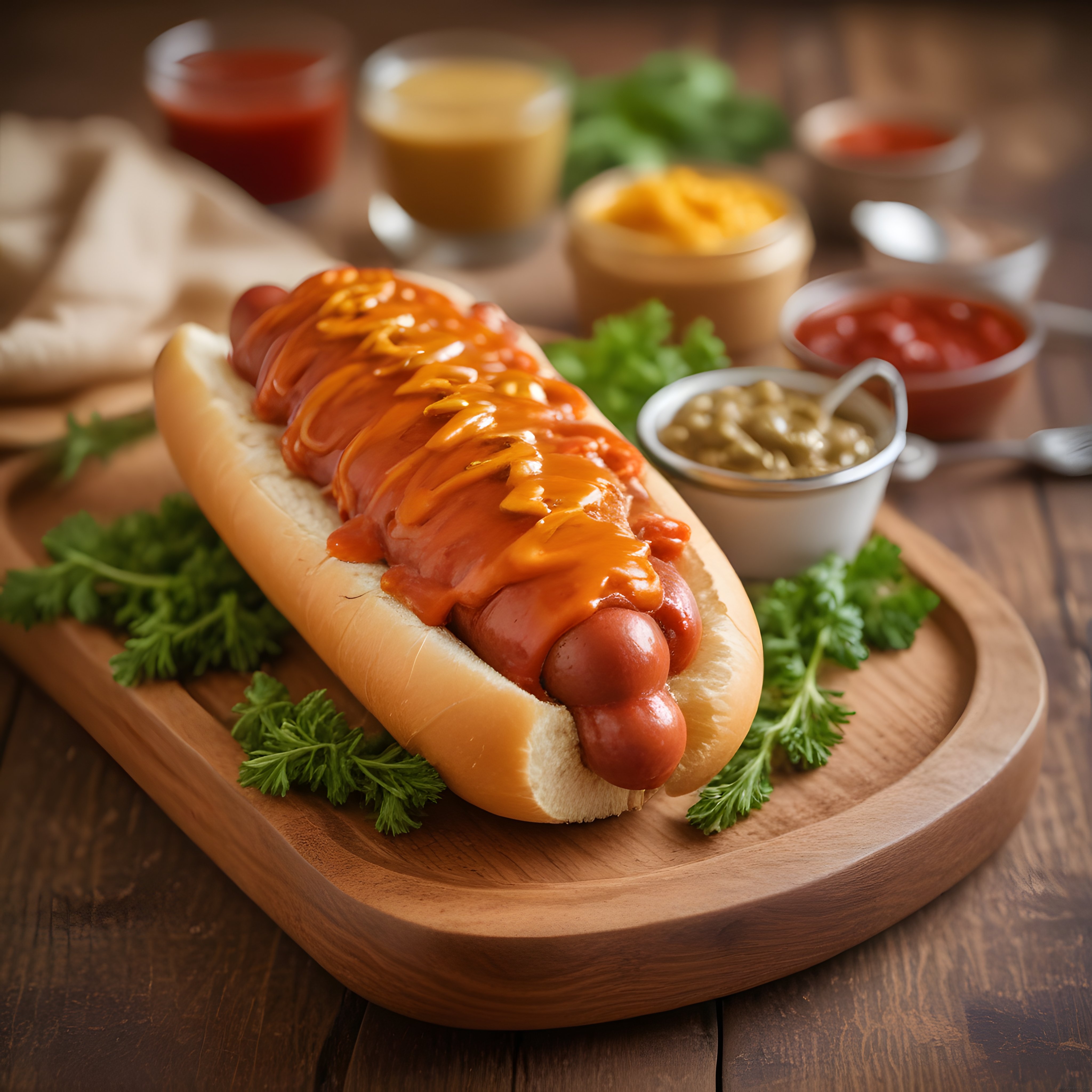 Ahşap Sunum Tahtası Üzerinde Soslarıyla Süslenmiş Lezzetli Hot Dog