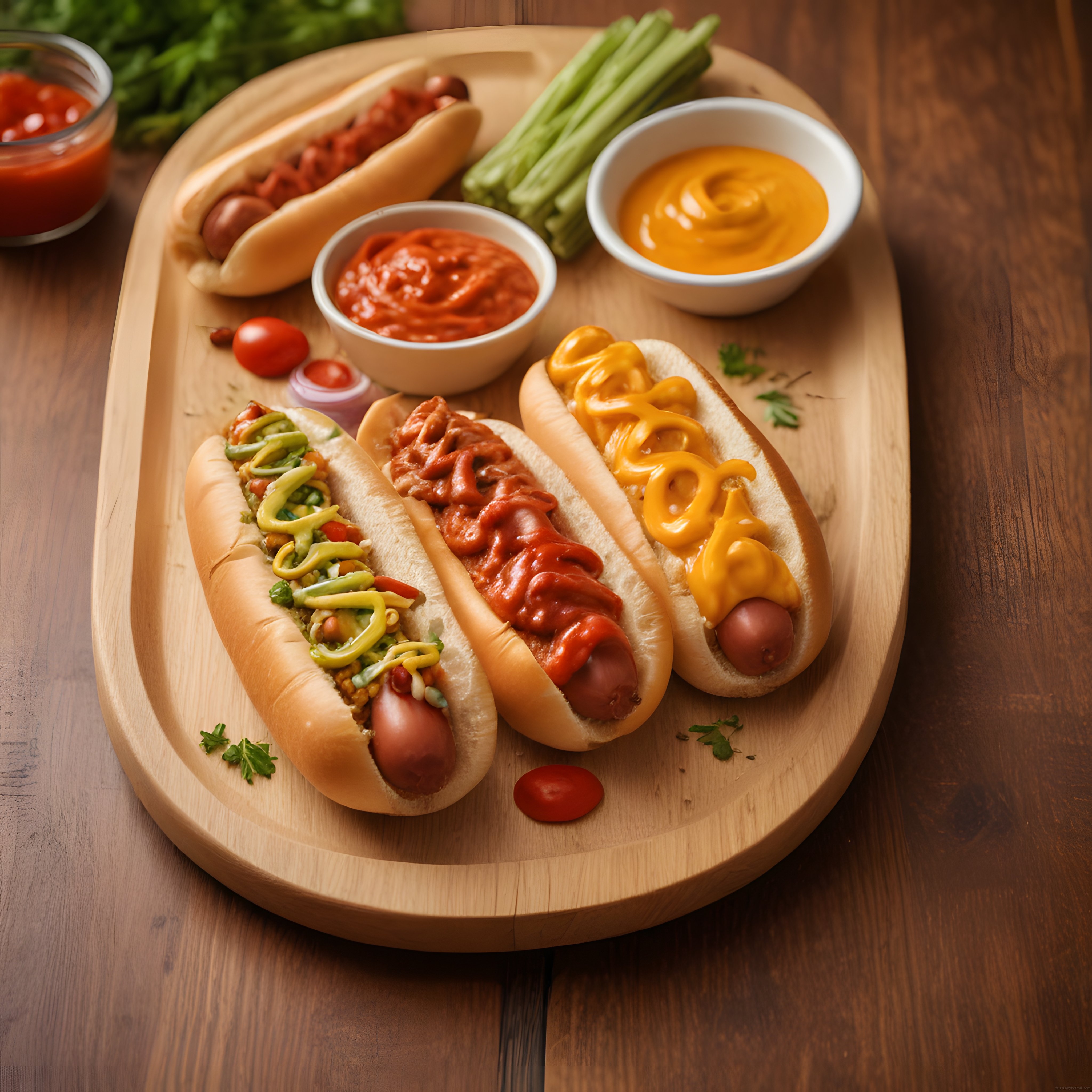 Ahşap Sunum Tahtası Üzerinde Soslu Hot Dog Çeşitleri ve Dip Soslar