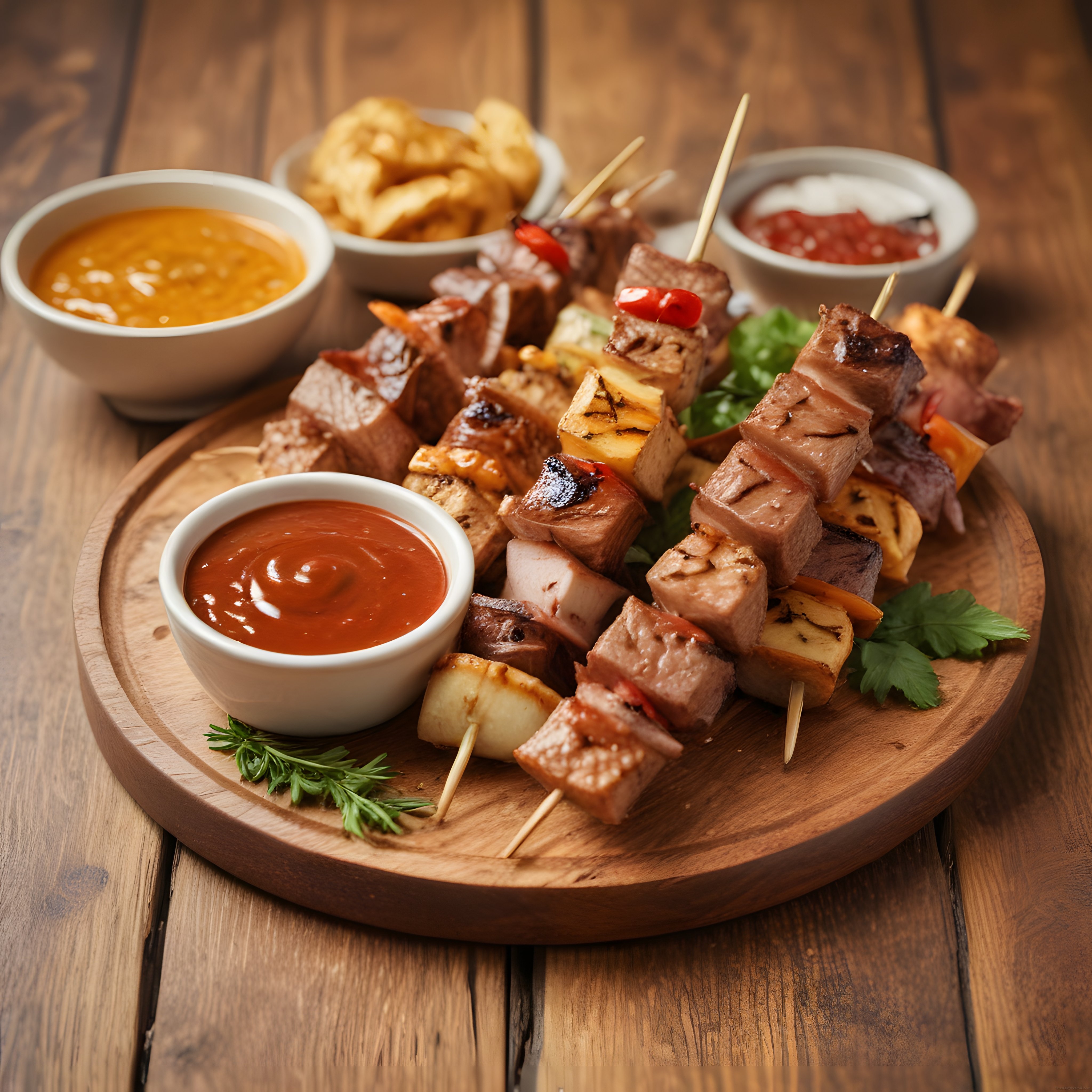Ahşap Sunum Tahtası Üzerinde Soslu Izgara Şiş Kebap ve Patates