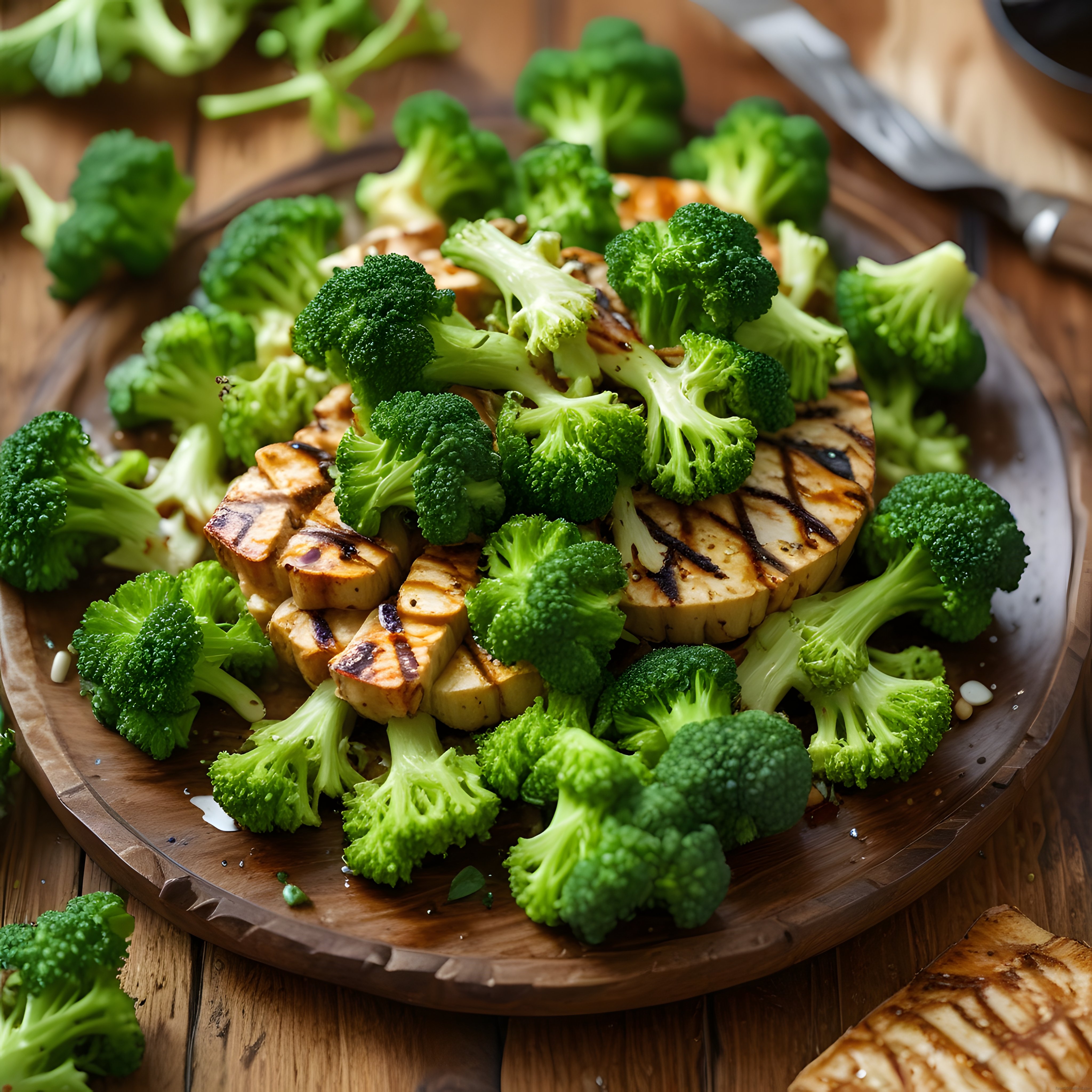 Ahşap Sunum Tahtası Üzerinde Soslu Izgara Tofu ve Taze Brokoli ile Besleyici Vegan Yemek