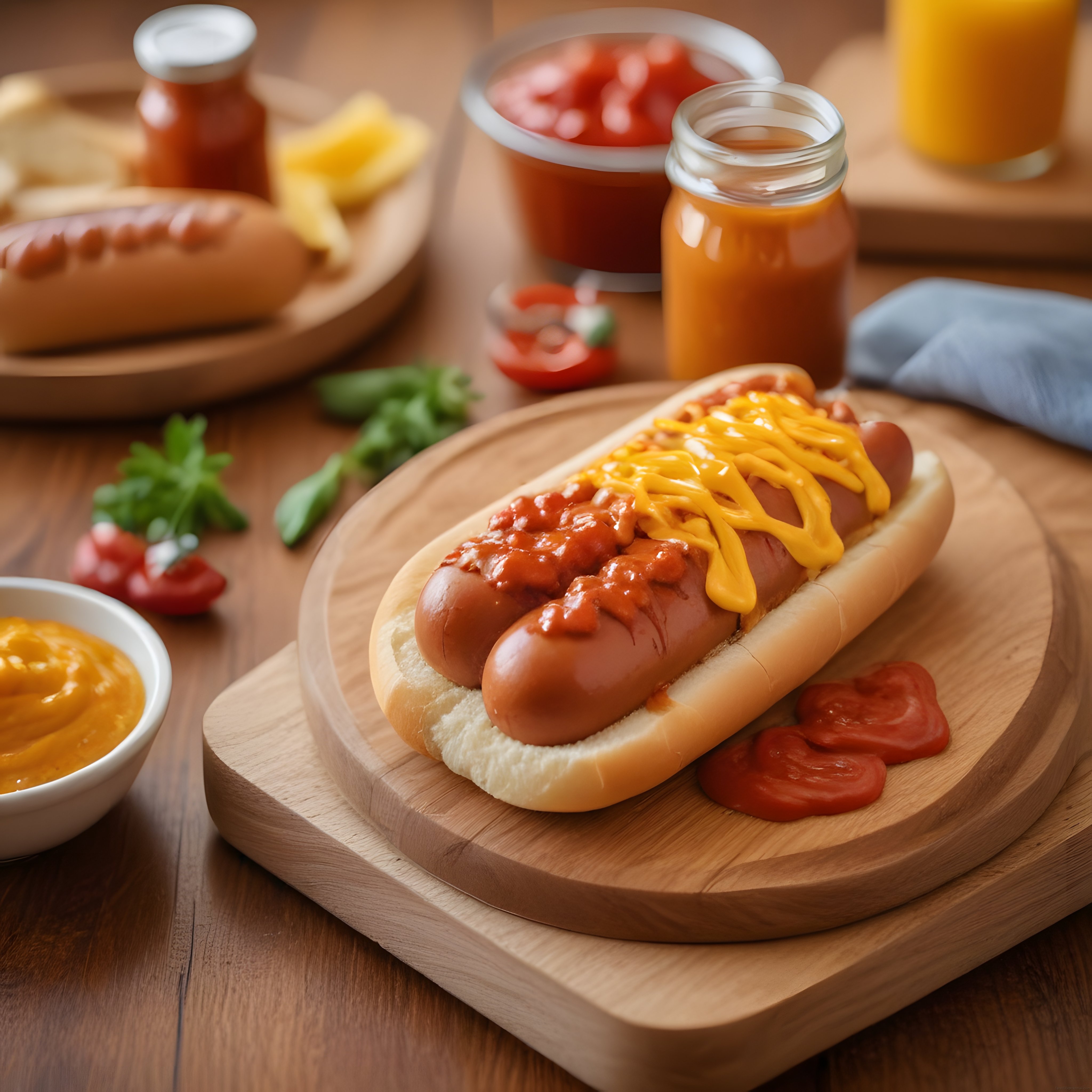 Ahşap Sunum Tahtası Üzerinde Soslu ve Eritilmiş Cheddarlı Sosisli Hot Dog