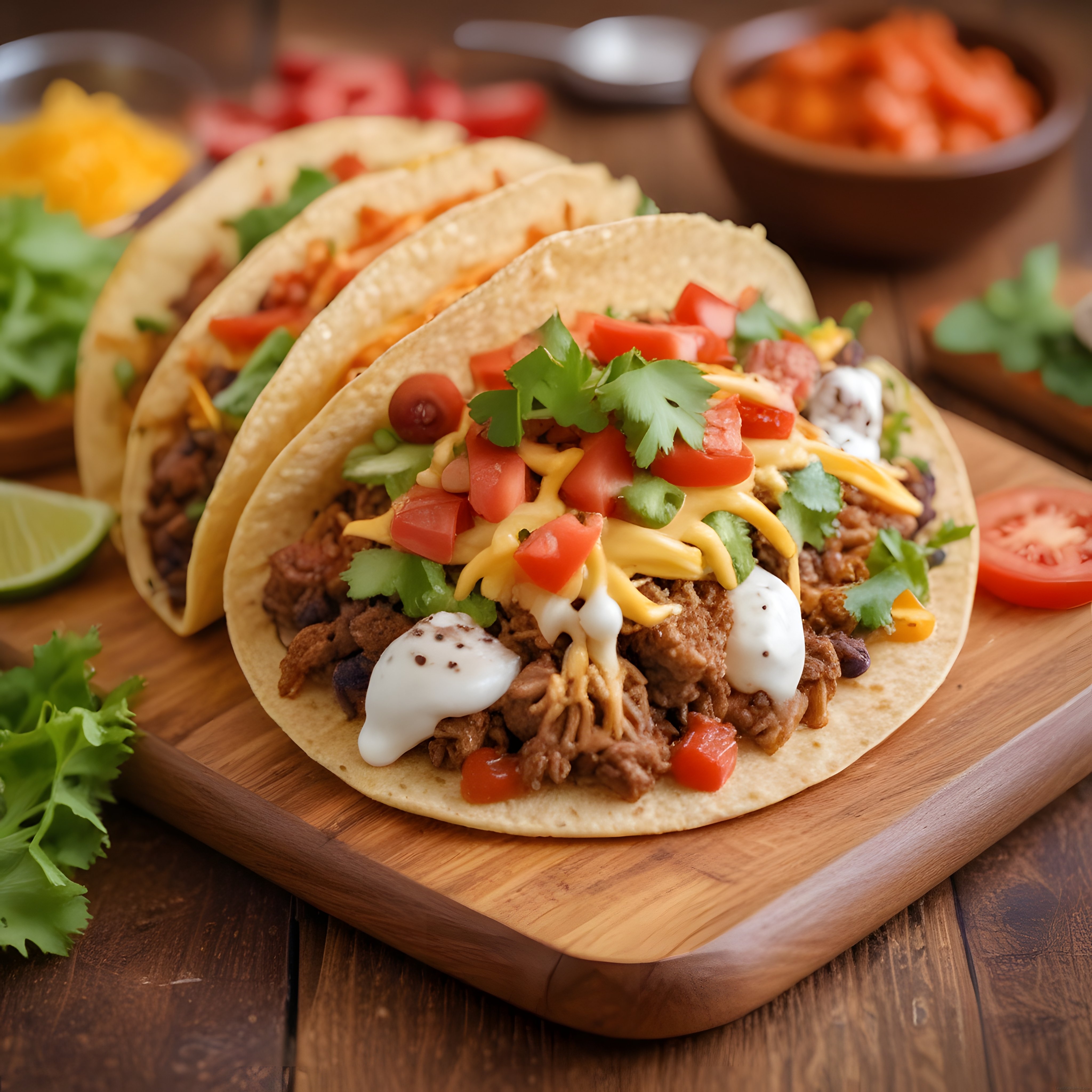 Ahşap Sunum Tahtası Üzerinde Soslu ve Et Dolgulu Meksika Taco'ları