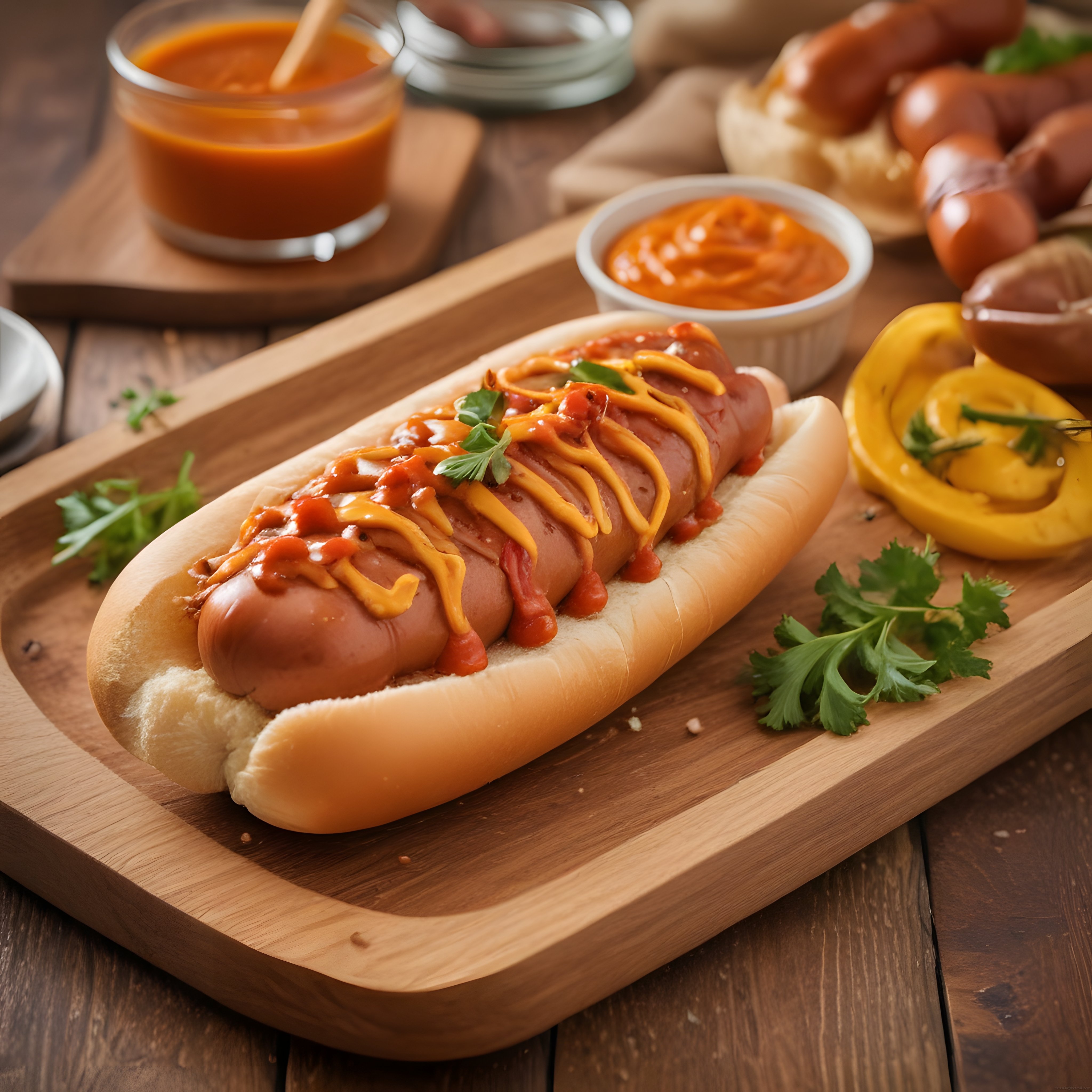 Ahşap Sunum Tahtası Üzerinde Soslu ve Garnili Lezzetli Hot Dog