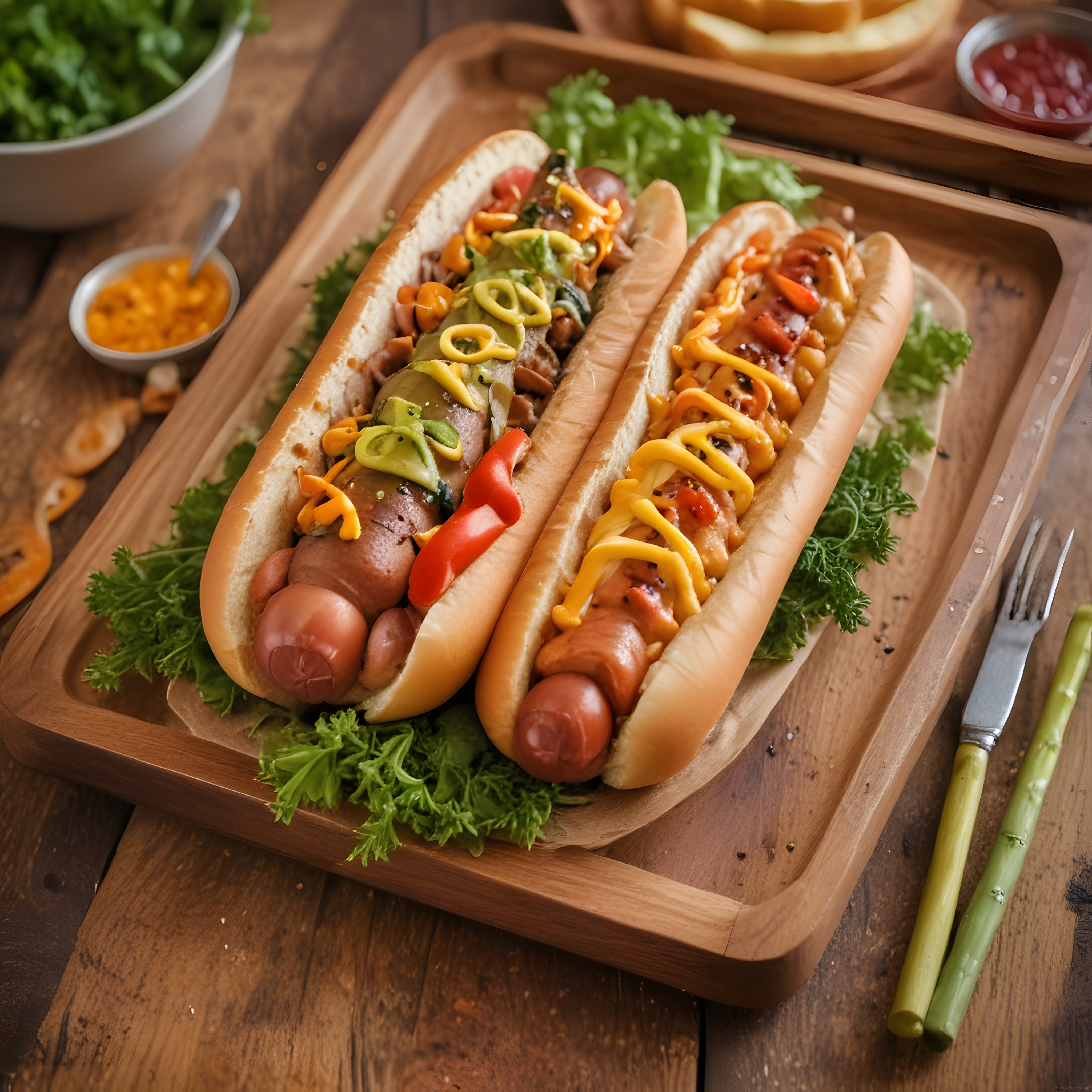 Ahşap Sunum Tahtası Üzerinde Soslu ve Garnitürlü İki Adet Klasik Hot Dog