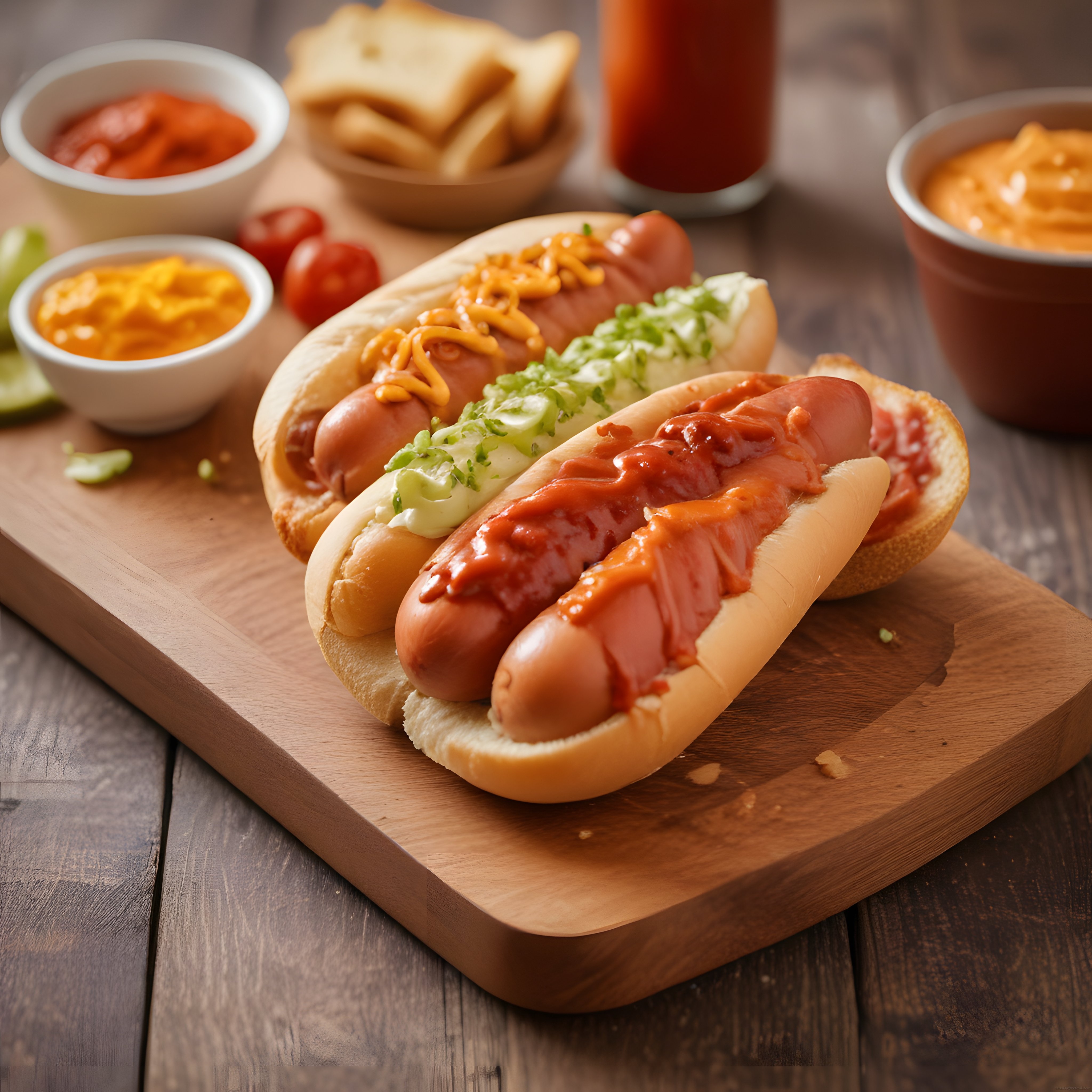 Ahşap Sunum Tahtası Üzerinde Soslu ve Garnitürlü Lezzetli Hot Dog Çeşitleri