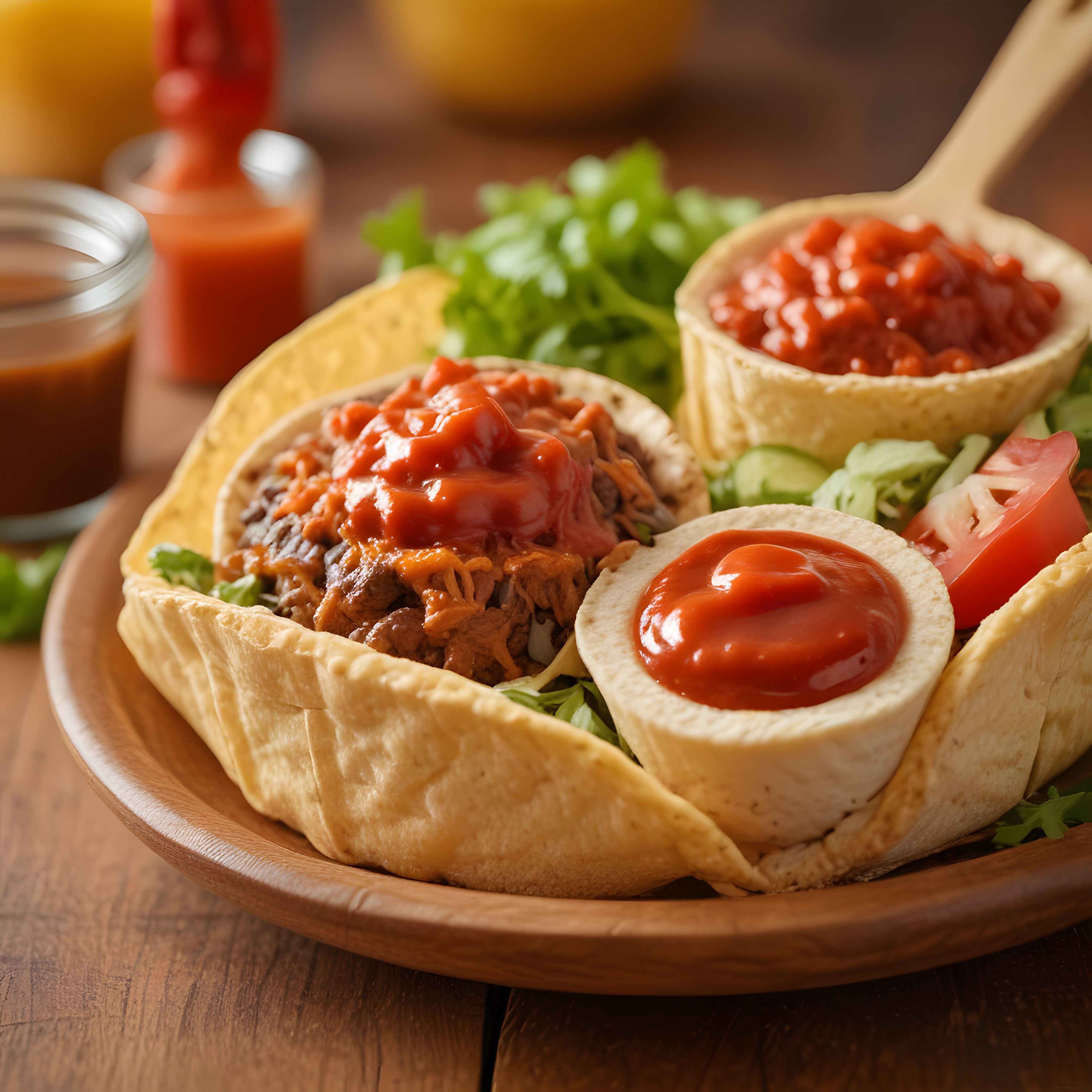 Ahşap Sunum Tahtası Üzerinde Soslu ve Garnitürlü Meksika Taco Bowl