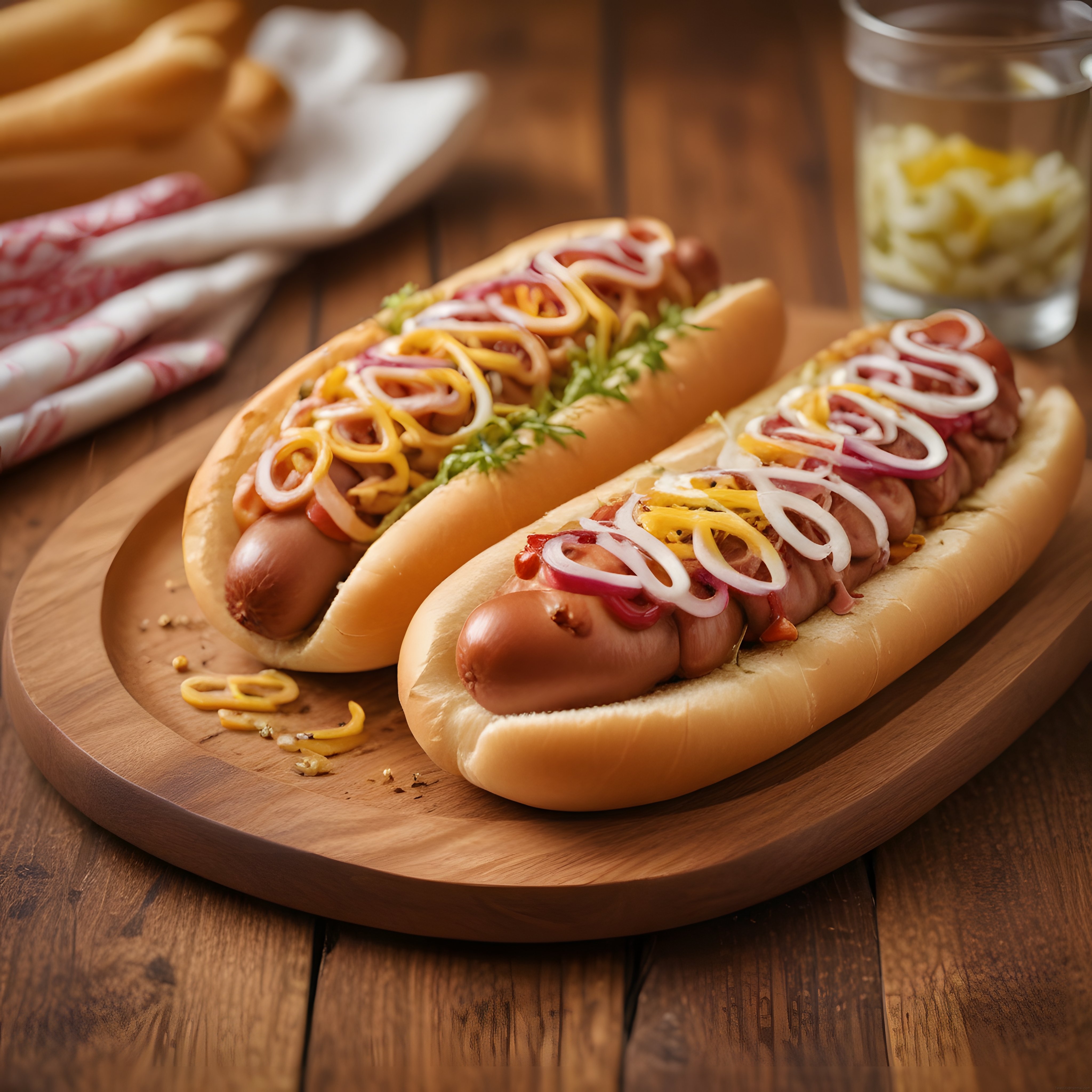 Ahşap Sunum Tahtası Üzerinde Soslu ve Kırmızı Soğanlı İki Sosisli Hot Dog