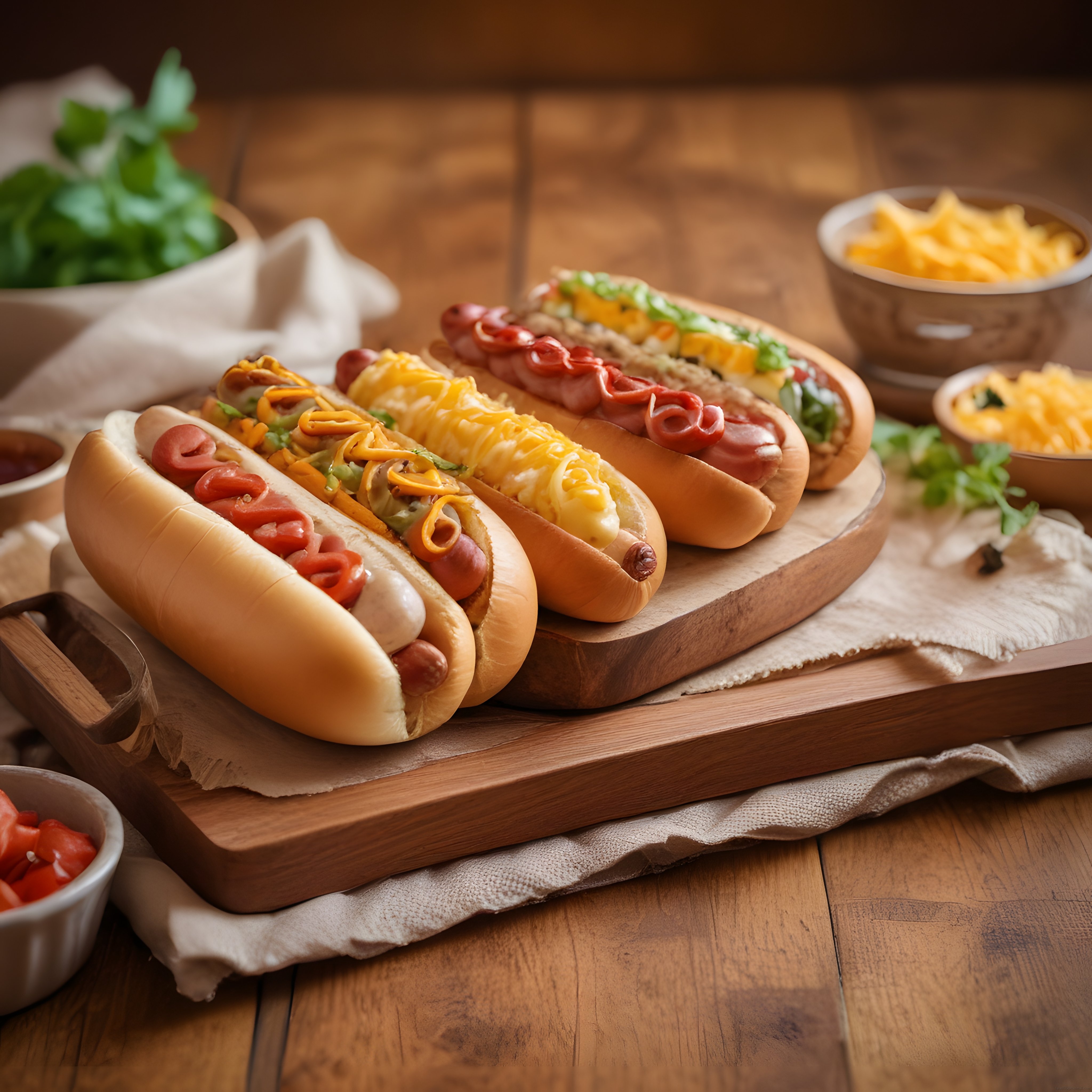 Ahşap Sunum Tahtası Üzerinde Soslu ve Peynirli Hot Dog Çeşitleri