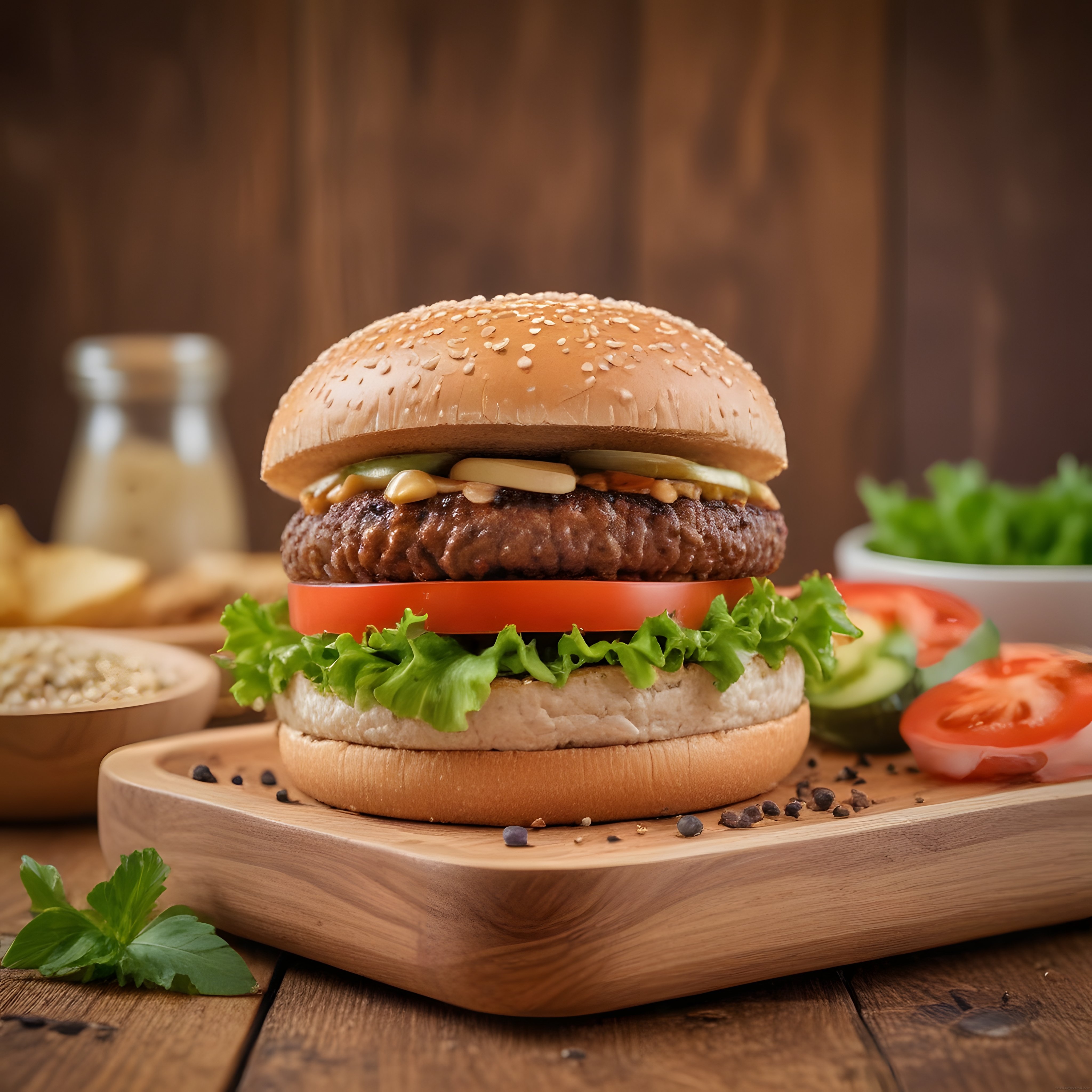 Ahşap Sunum Tahtası Üzerinde Sulu Köfte ve Taze Sebzelerle Nefis Hamburger