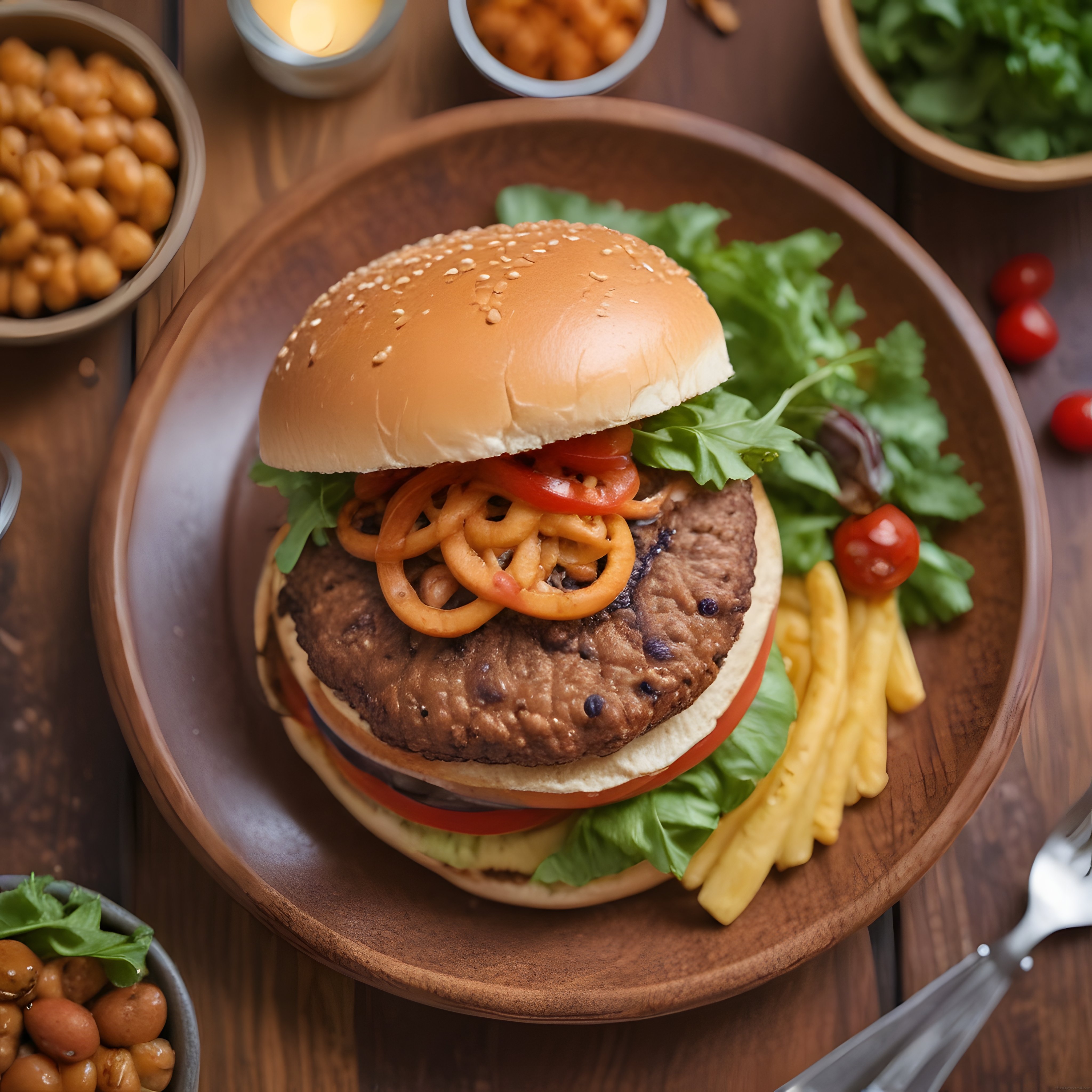 Ahşap sunum tahtası üzerinde susamlı burger ve yanında çıtır patates kızartması