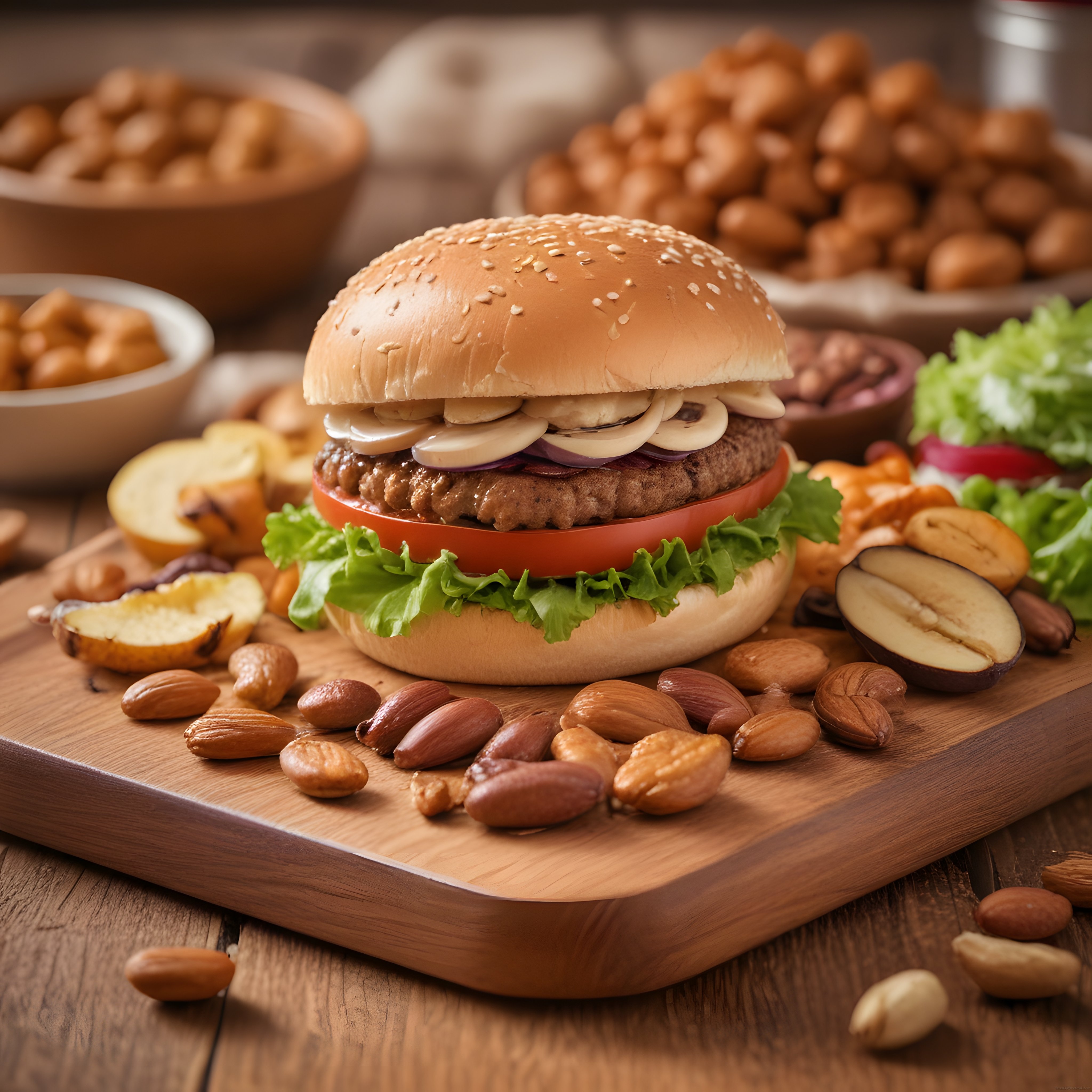 Ahşap Sunum Tahtası Üzerinde Susamlı Ekmekli Gurme Hamburger ve Kuruyemişler