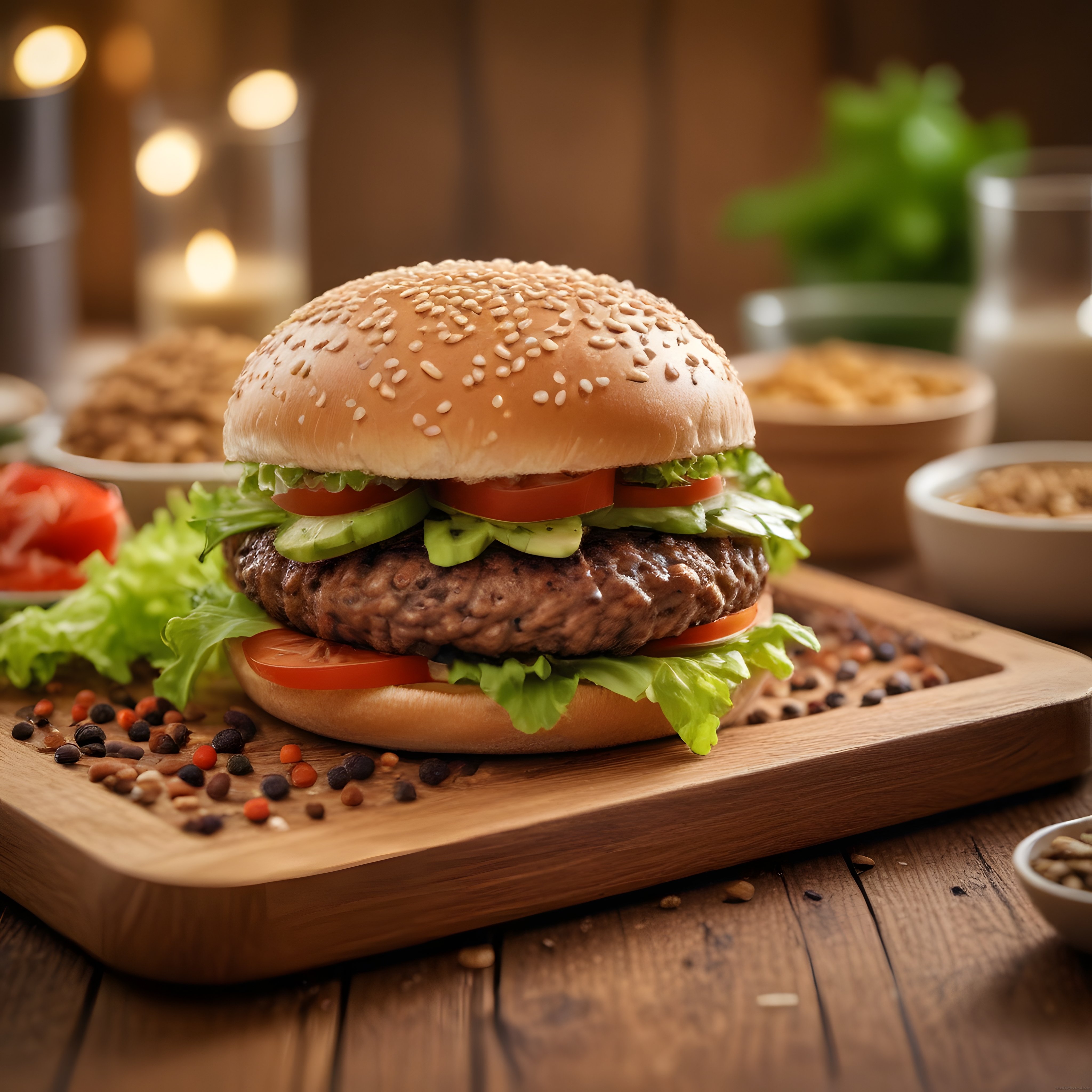 Ahşap Sunum Tahtası Üzerinde Susamlı Hamburger ve Patates Kızartması