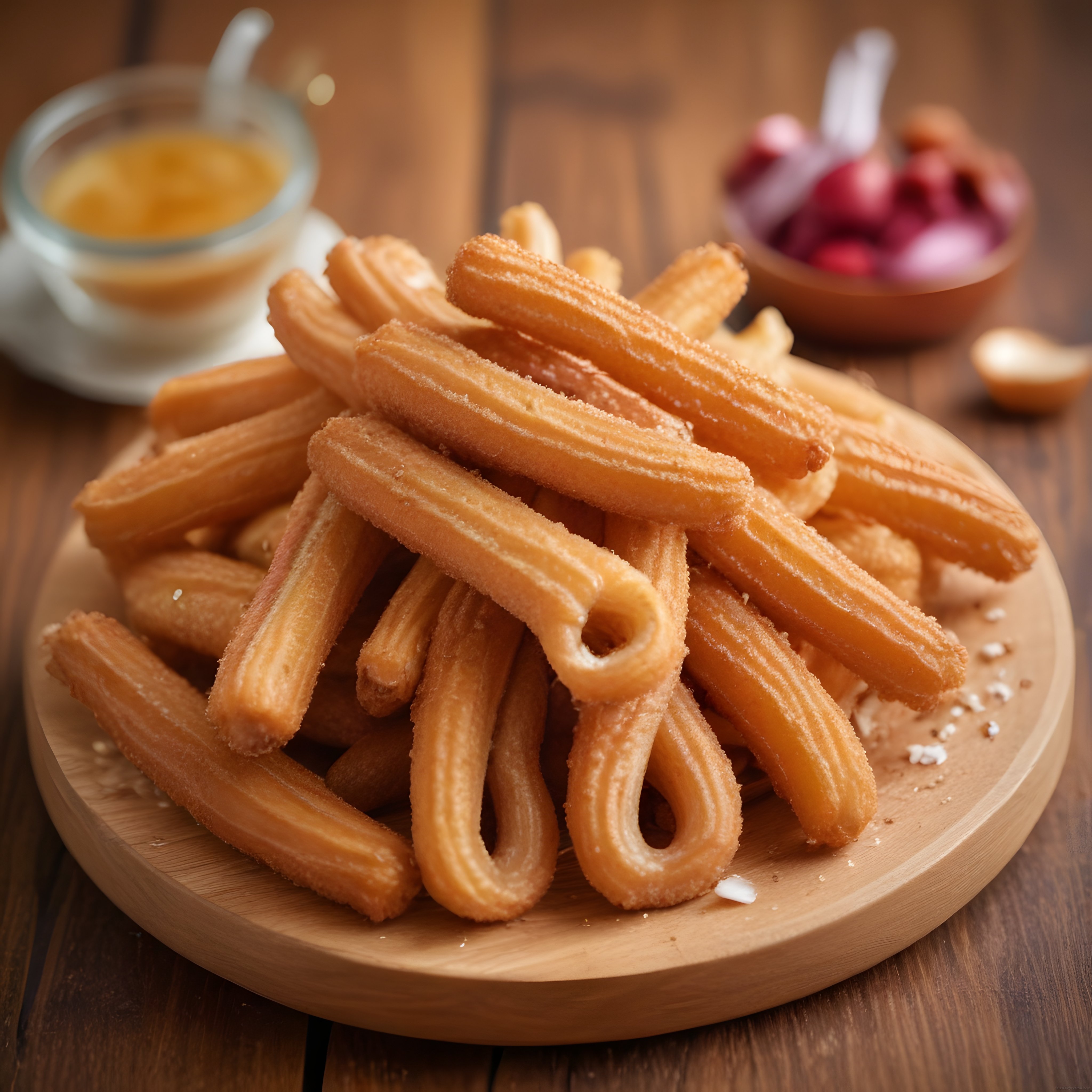 Ahşap sunum tahtası üzerinde tarçın şekerli churros ve çikolata sosu