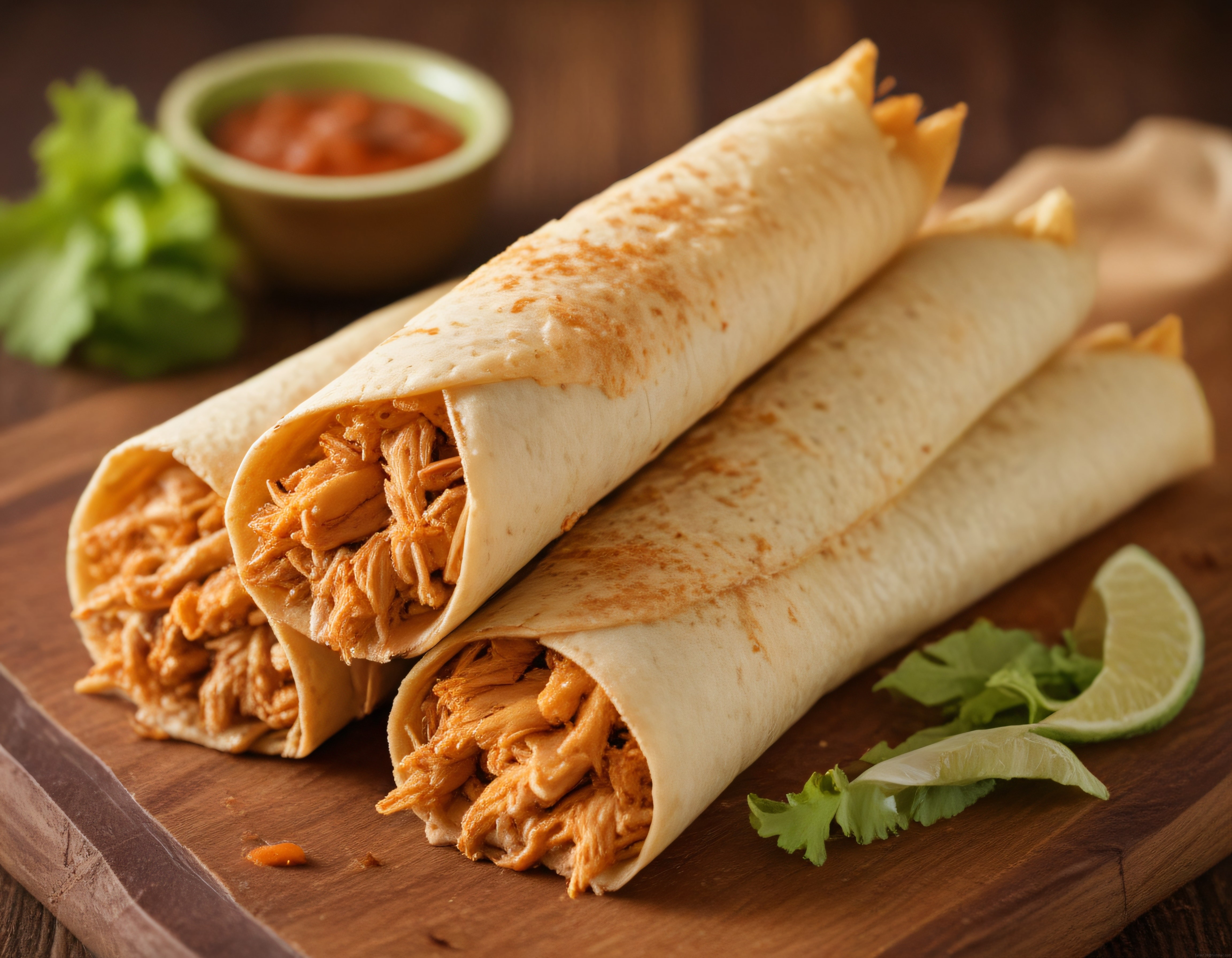 Ahşap sunum tahtası üzerinde tavuklu burrito ve meksika sosu